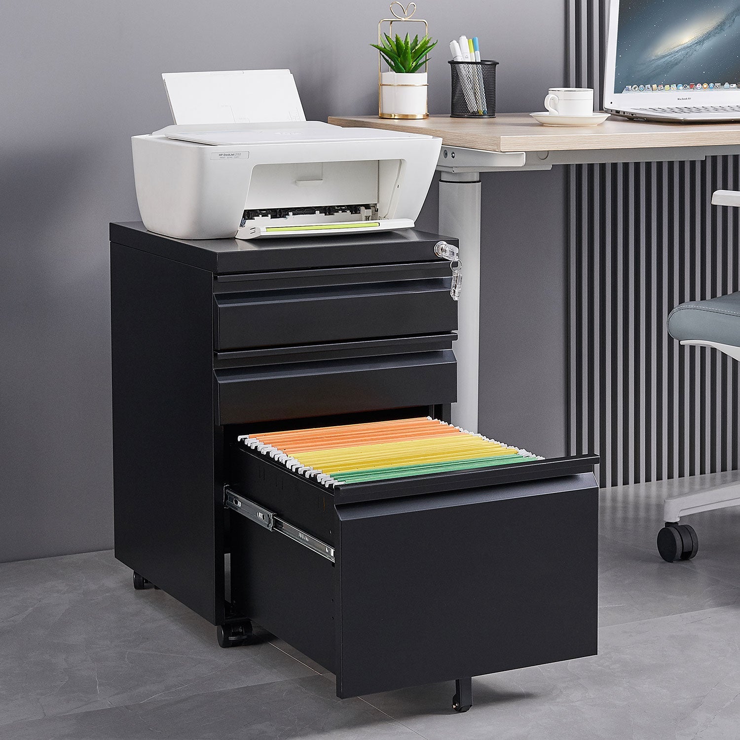 Three Drawer Mobile Metal Filing Cabinet with Lock Wheels