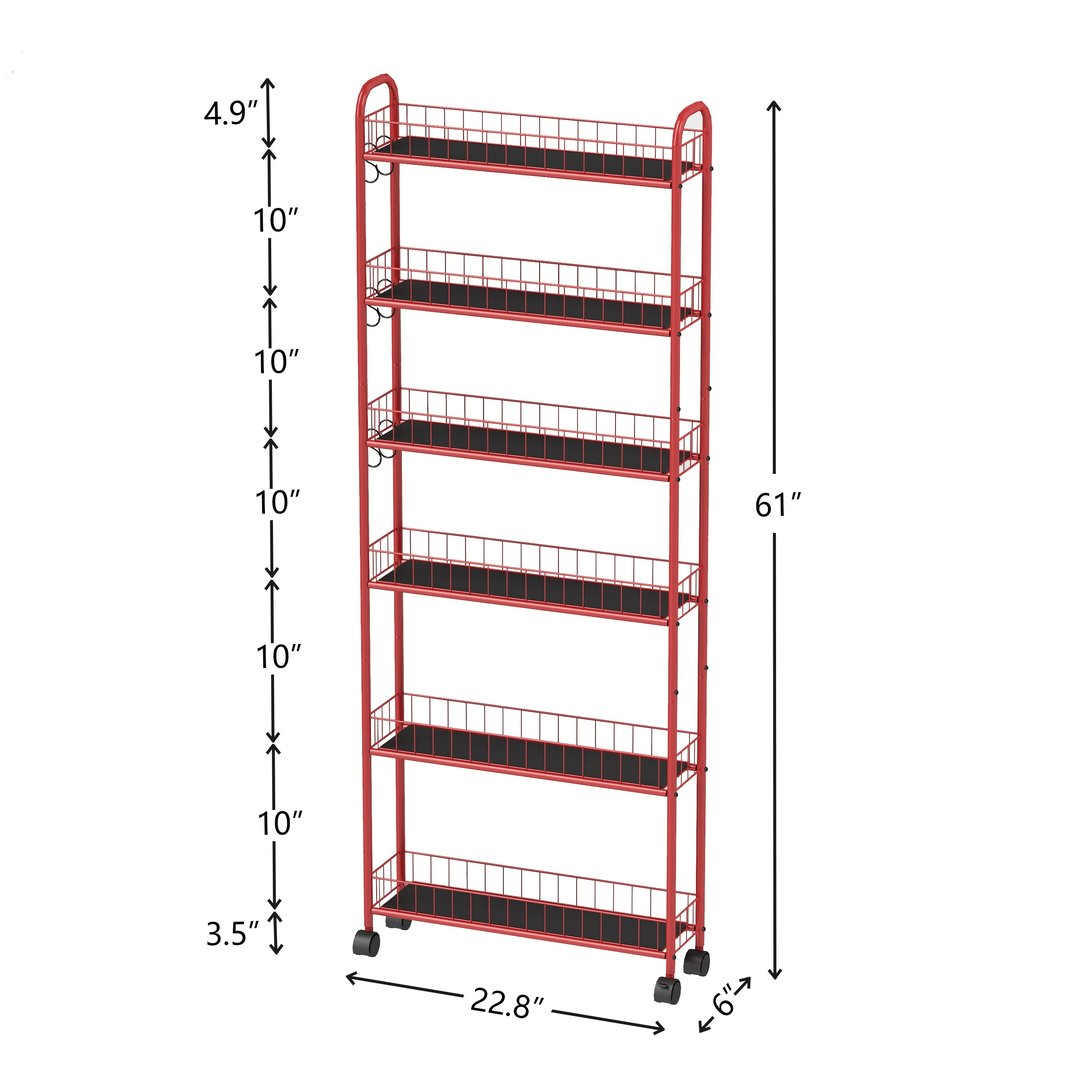 Red 6-Tier Rolling Storage Cart with Slim Design Wheels
