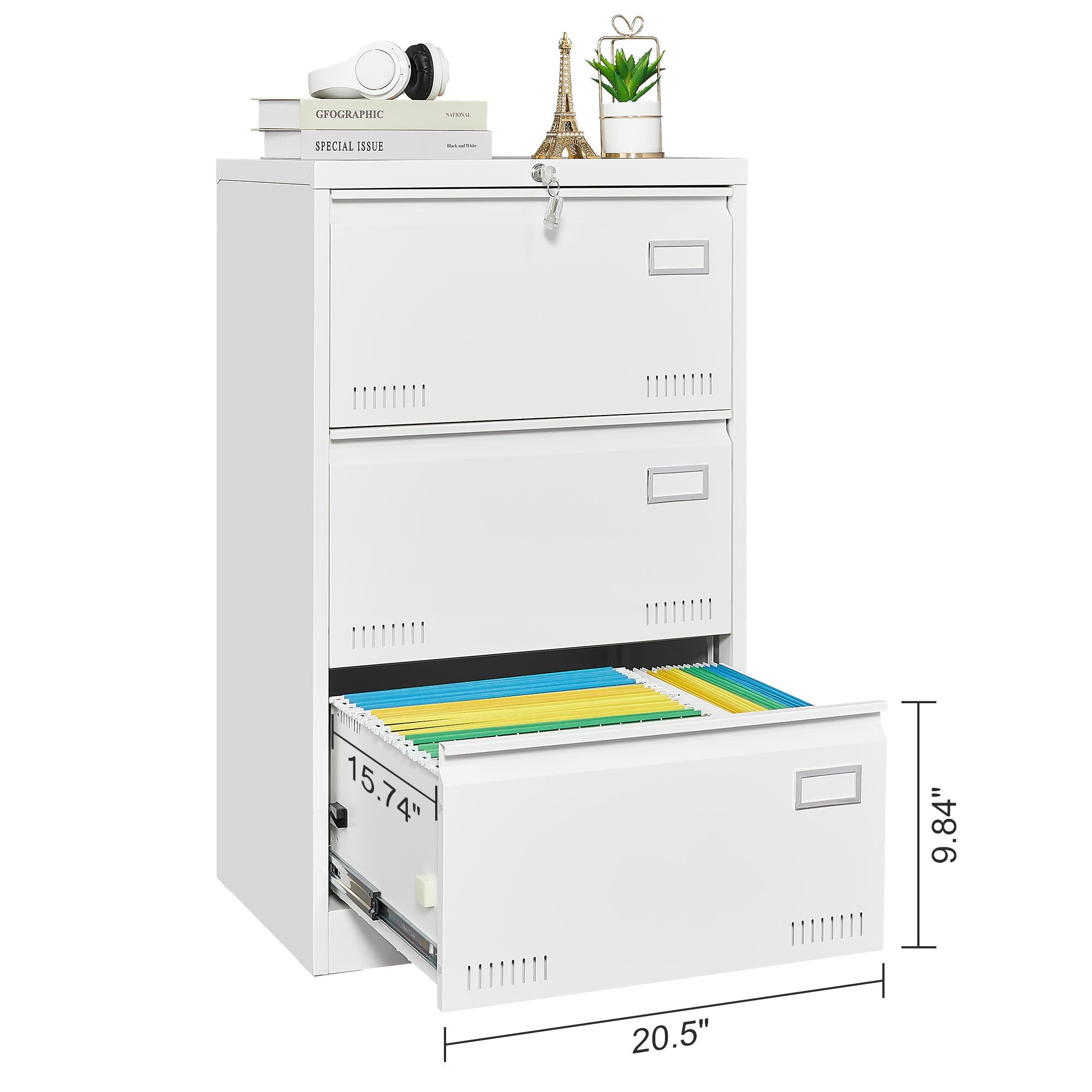 White 3 Drawer Lateral Filing Cabinet with Lock