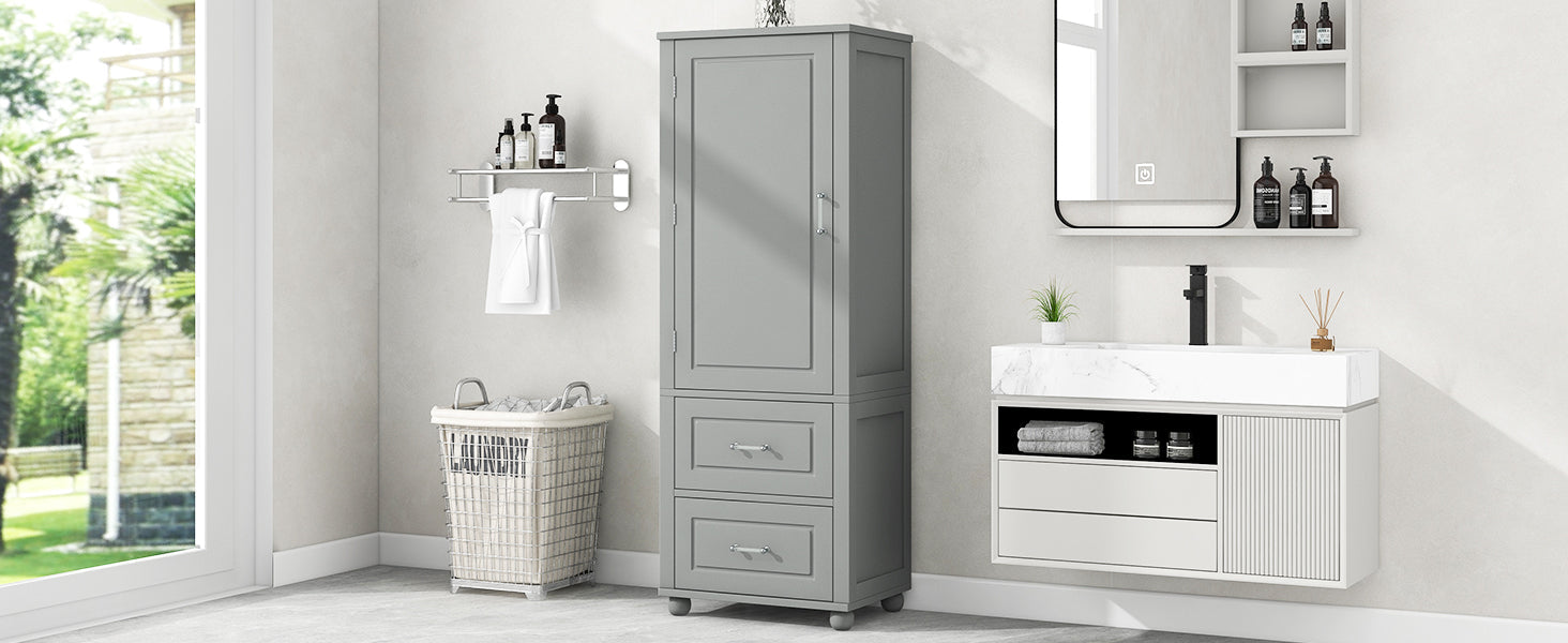 Tall Grey Bathroom Storage Cabinet with Adjustable Shelves Drawers