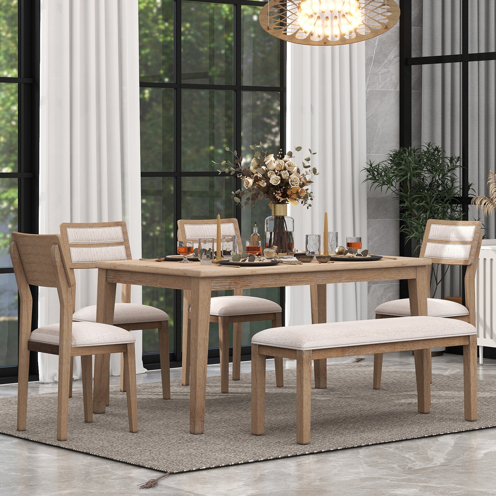 6-Piece Traditional Dining Set Table Chairs Bench