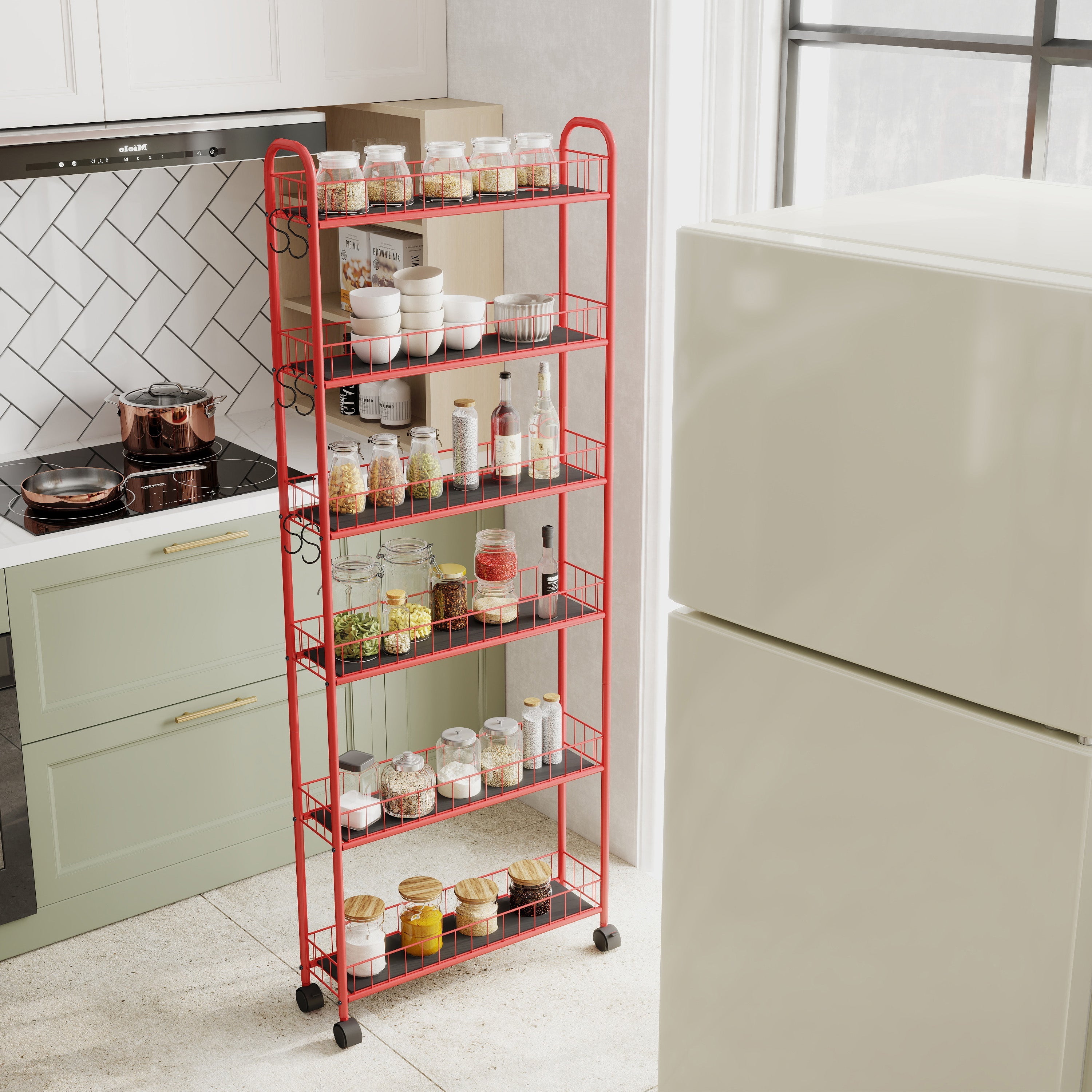 Red 6-Tier Rolling Storage Cart with Slim Design Wheels