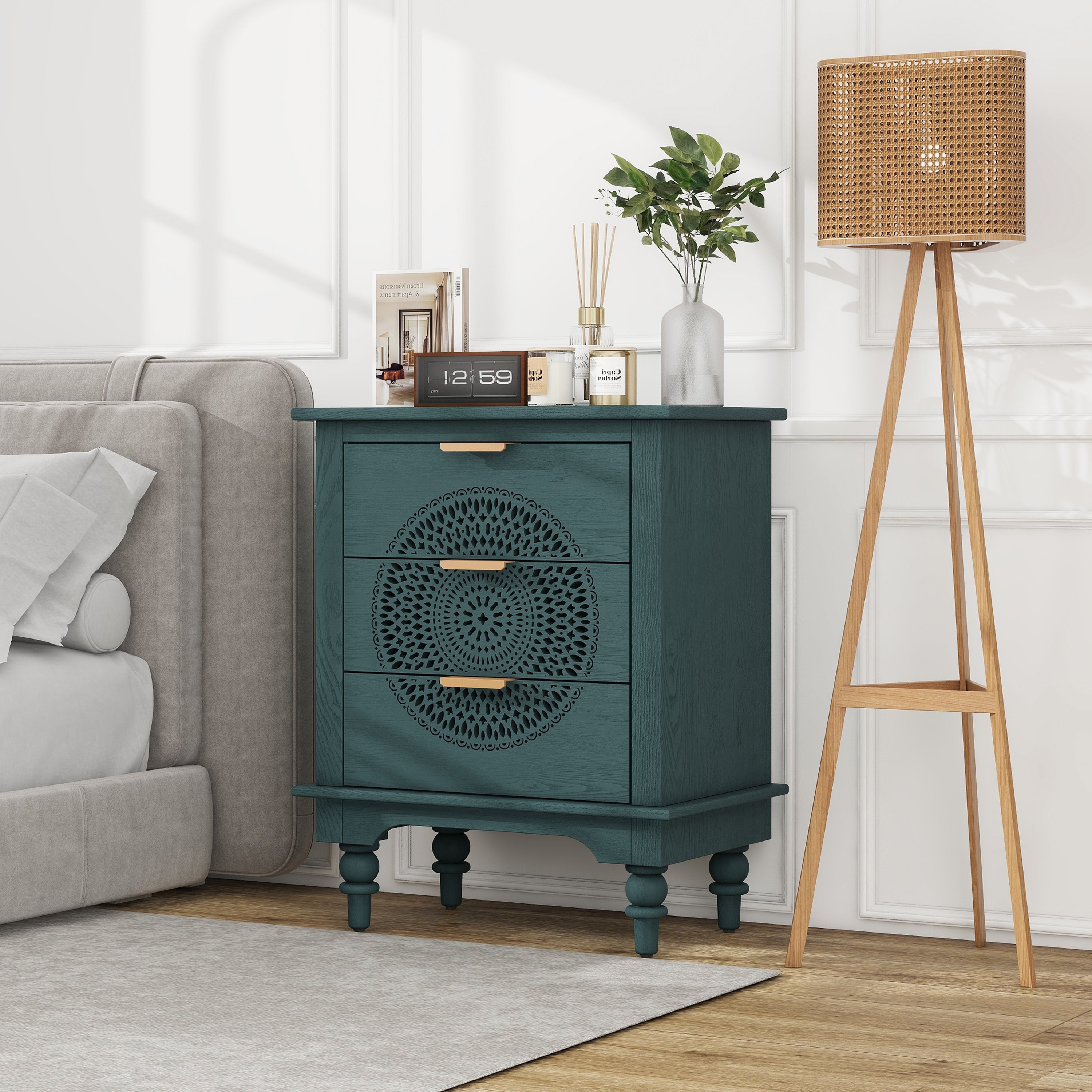 Hollow-Carved 3 Drawer Dresser with Metal Handles Storage