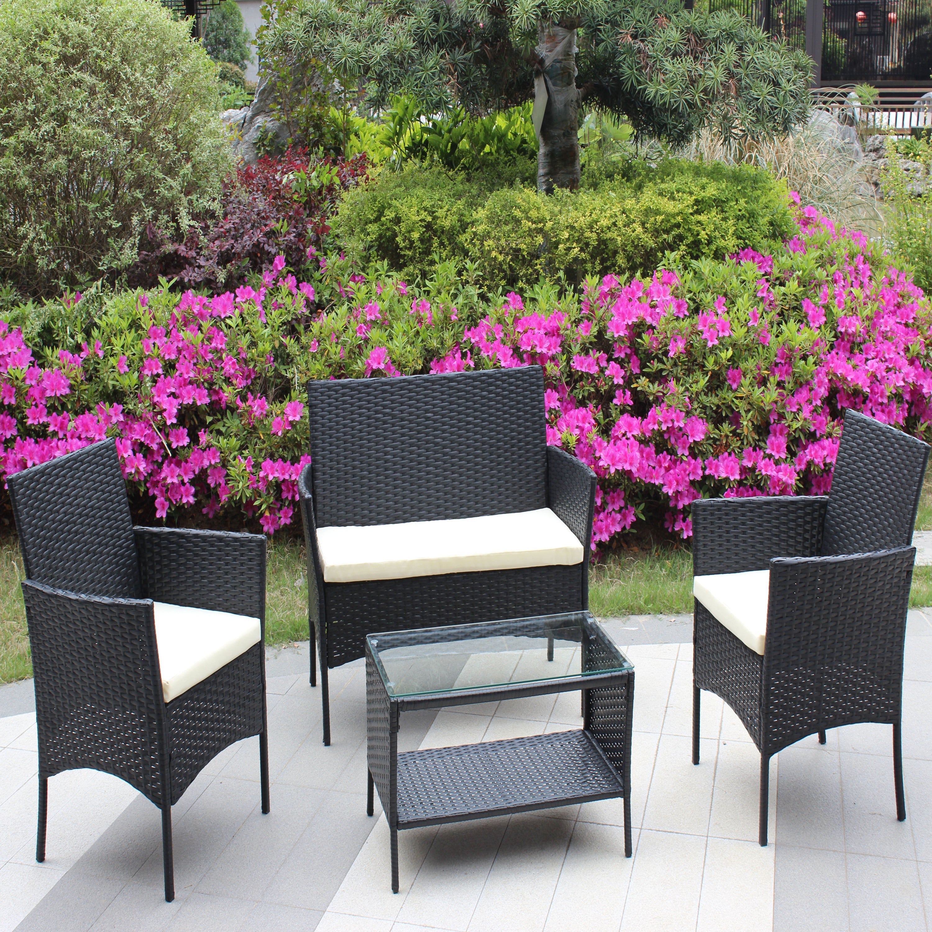 4-Piece Rattan Patio Furniture Set with Cushioned Wicker Sofa