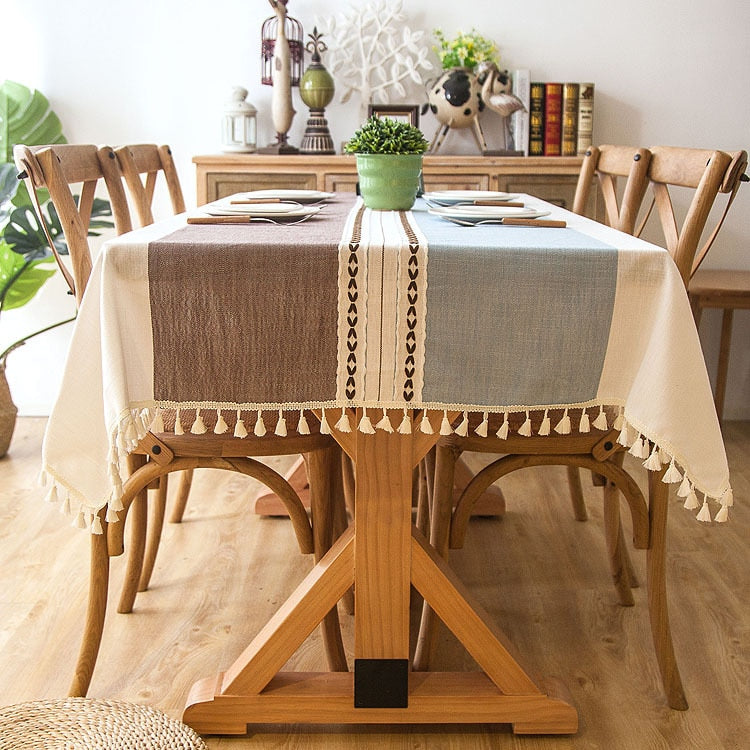 Plaid Linen Tablecloth with Tassels Waterproof Dining Cover