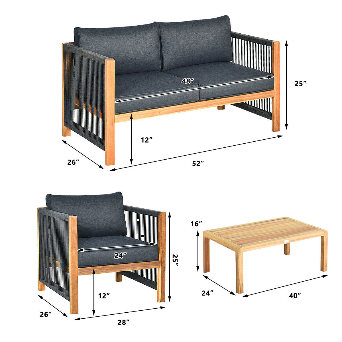 4-Piece Acacia Wood Outdoor Patio Furniture Set Cushions