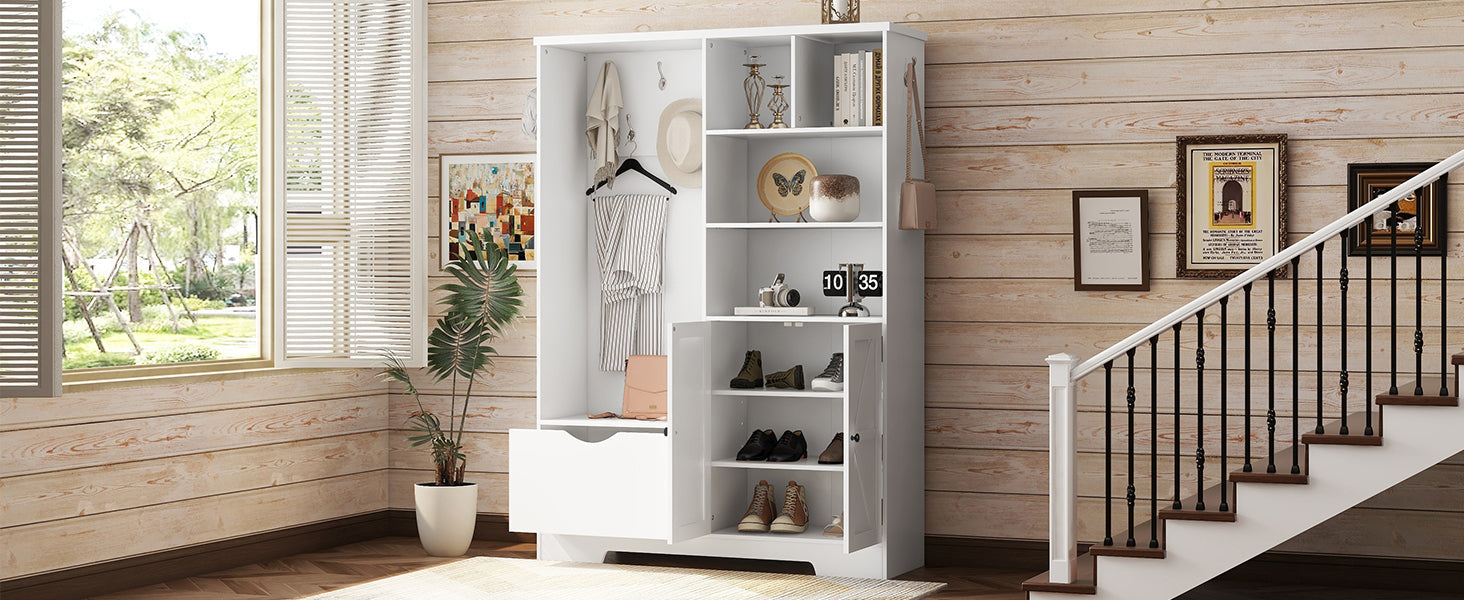 Modern Hall Tree with Storage Bench Shoe Cabinet White