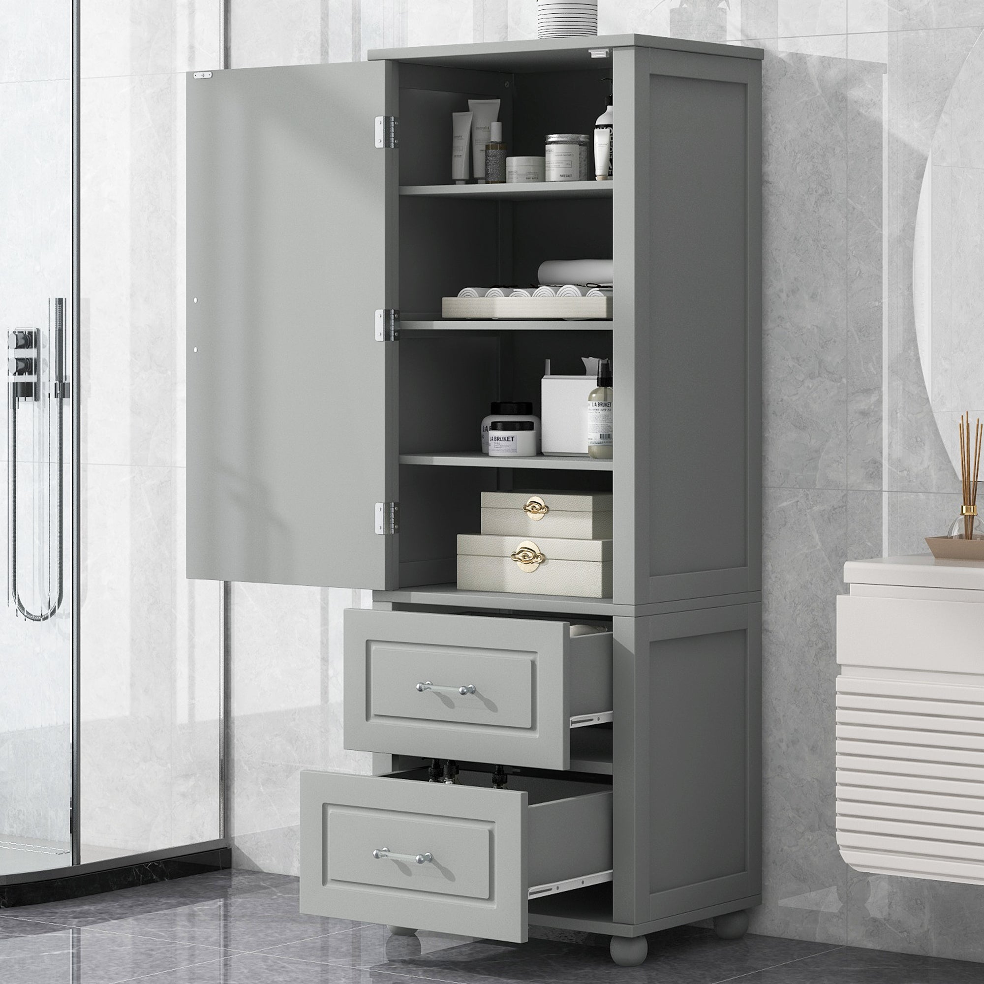 Tall Grey Bathroom Storage Cabinet with Adjustable Shelves Drawers