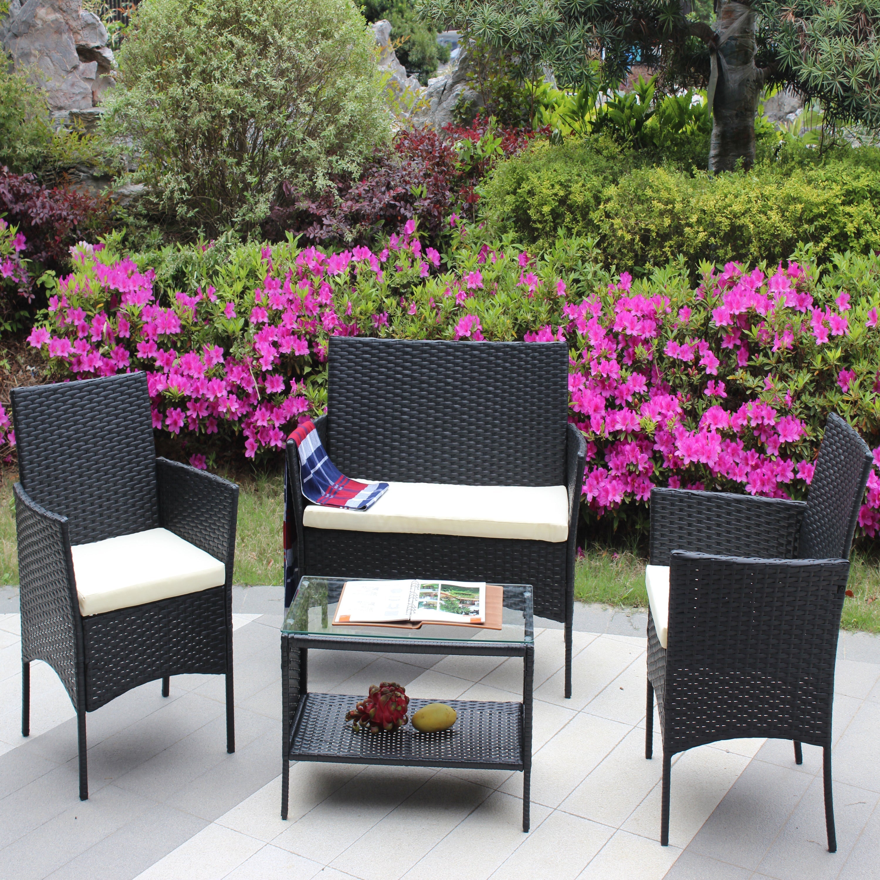 4-Piece Rattan Patio Furniture Set with Cushioned Wicker Sofa