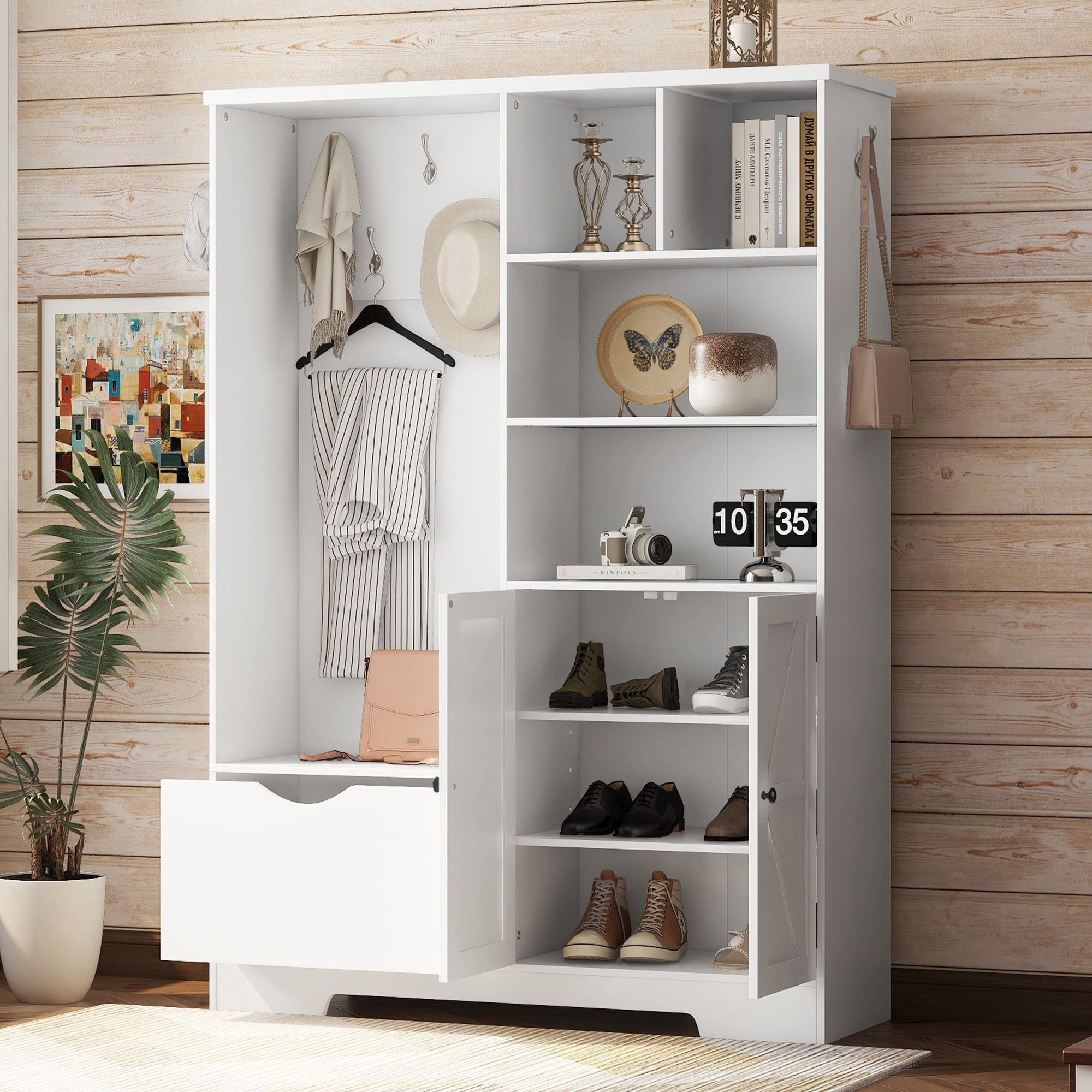 Modern Hall Tree with Storage Bench Shoe Cabinet White