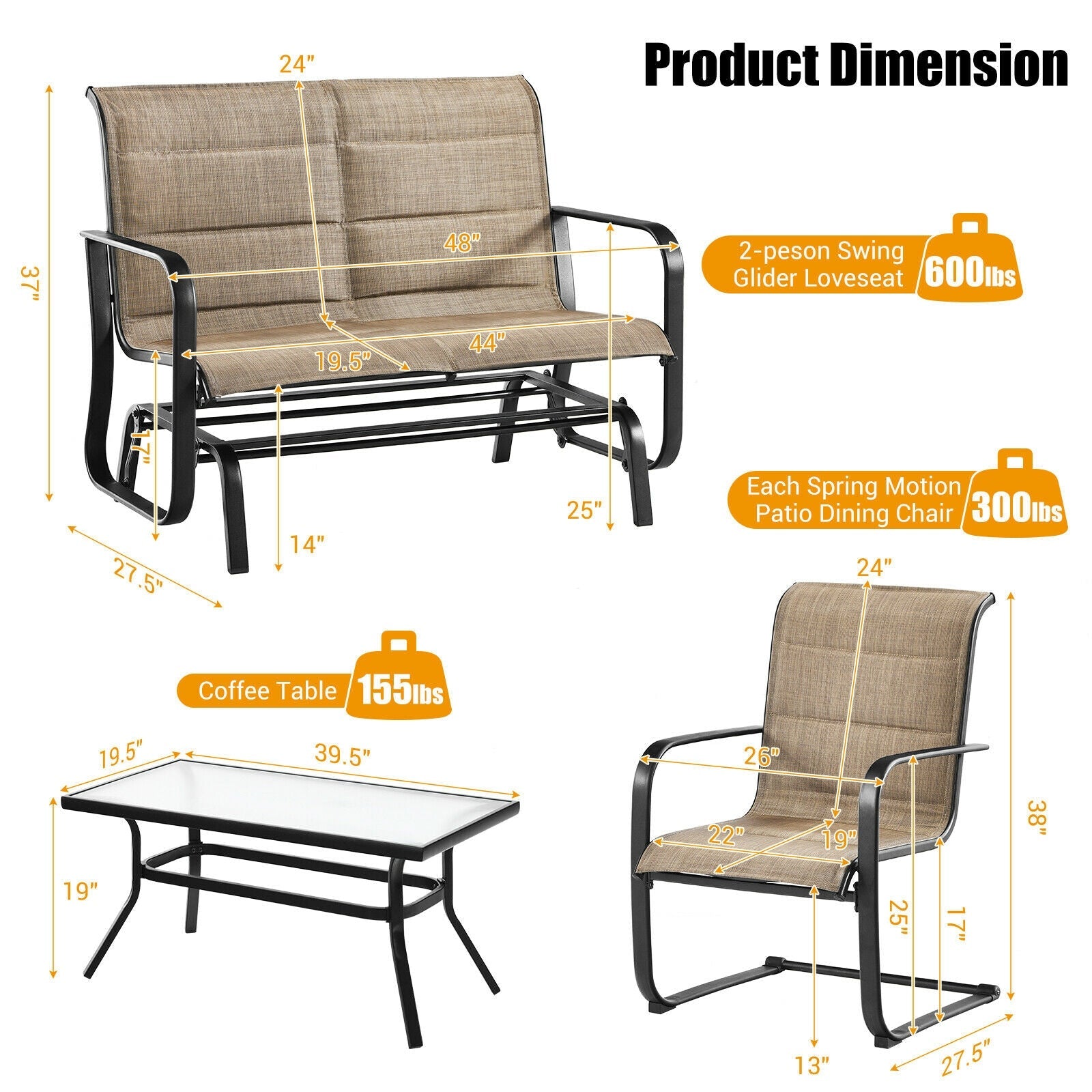 4-Piece Outdoor Patio Furniture Set with Glider Loveseat
