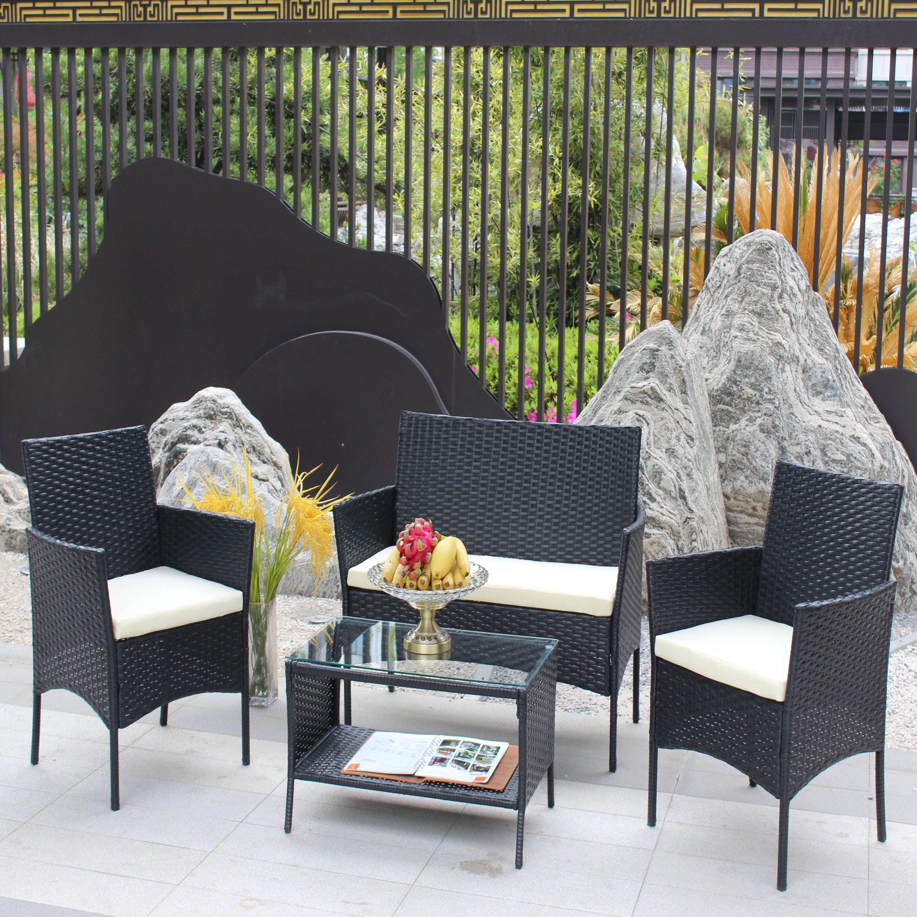 4-Piece Rattan Patio Furniture Set with Cushioned Wicker Sofa