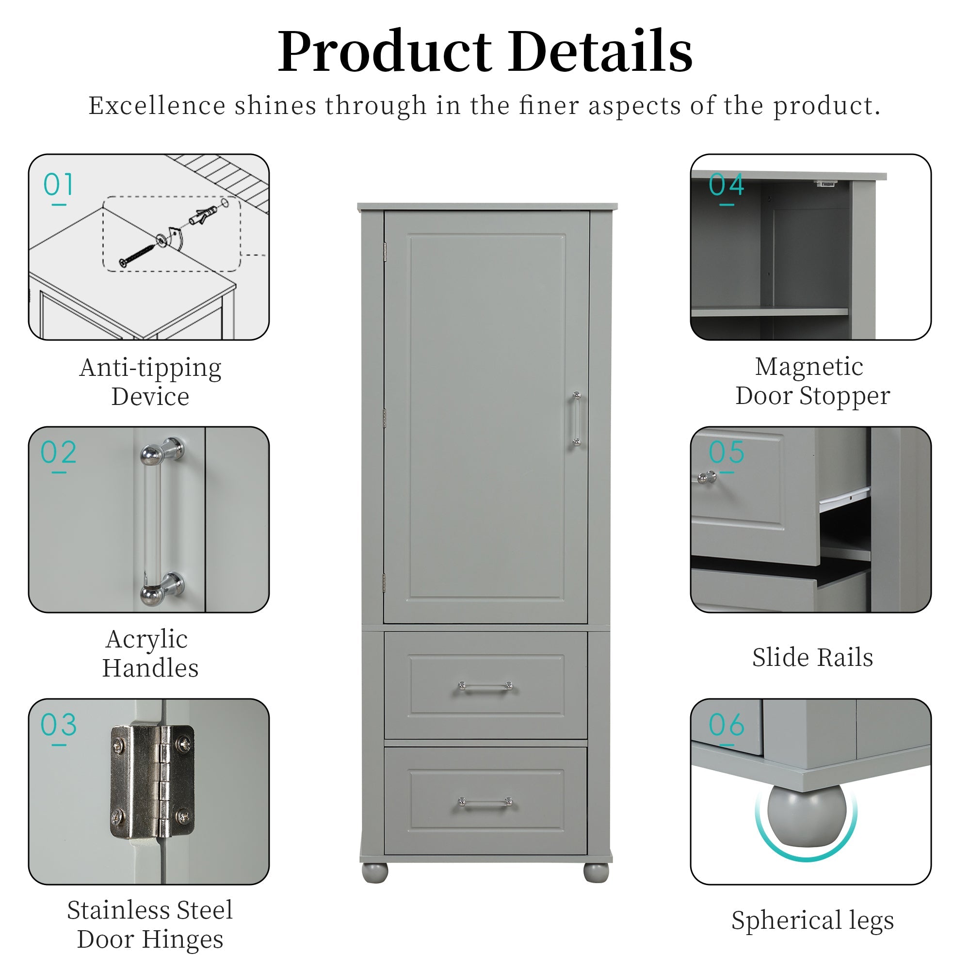 Tall Grey Bathroom Storage Cabinet with Adjustable Shelves Drawers