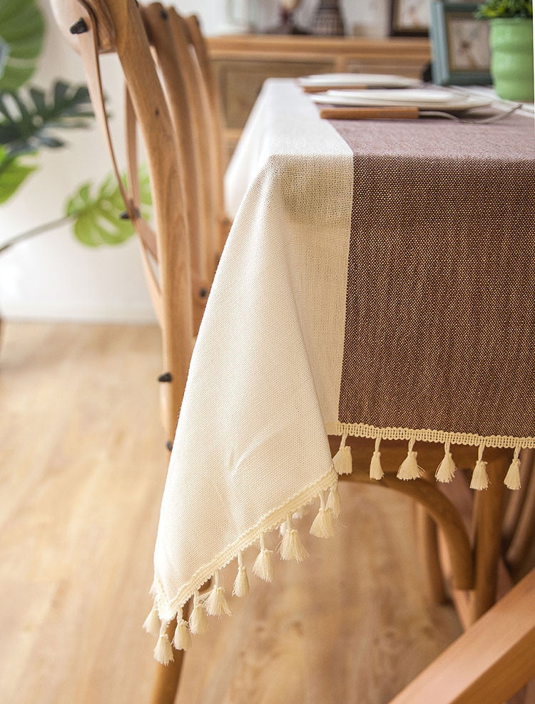 Plaid Linen Tablecloth with Tassels Waterproof Dining Cover