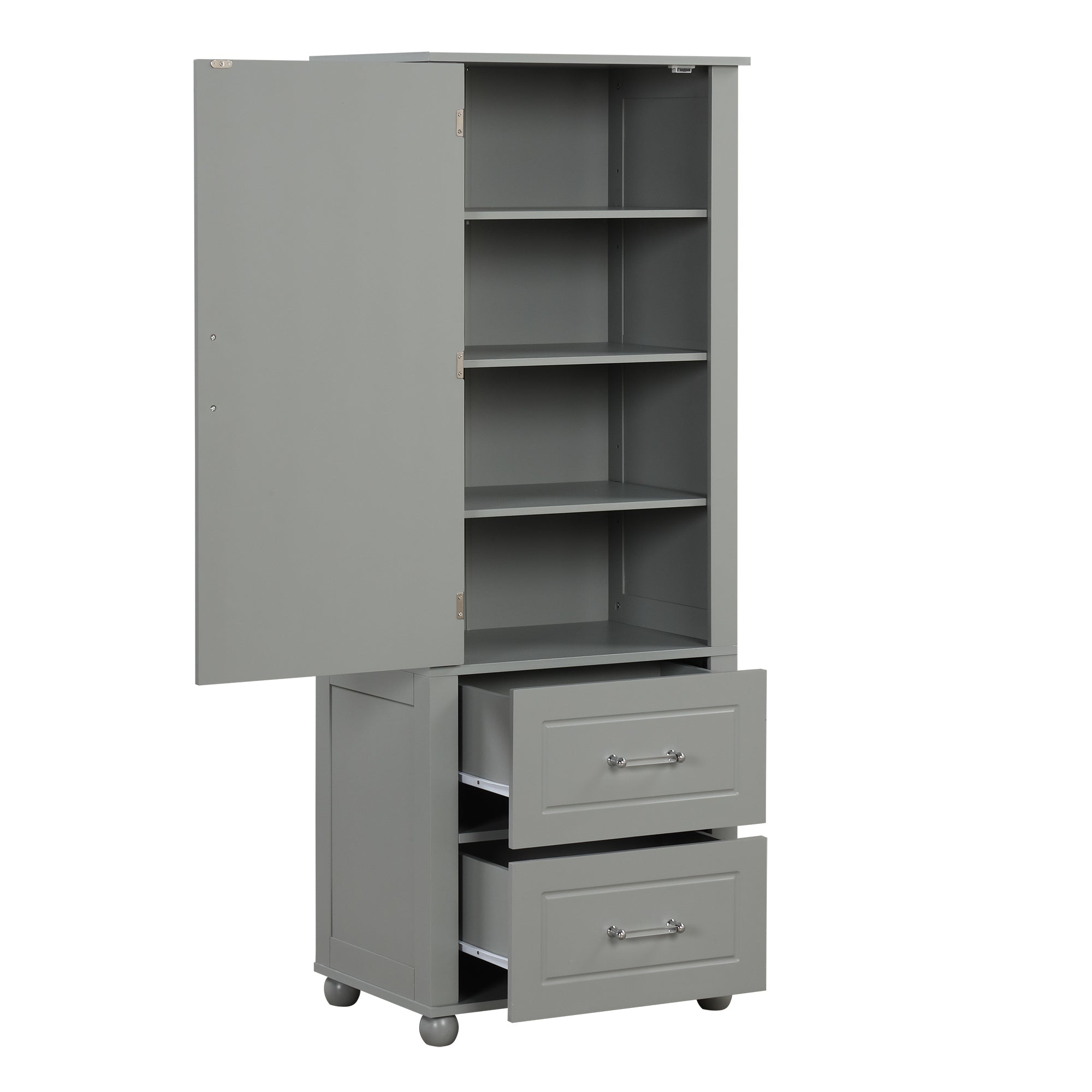 Tall Grey Bathroom Storage Cabinet with Adjustable Shelves Drawers