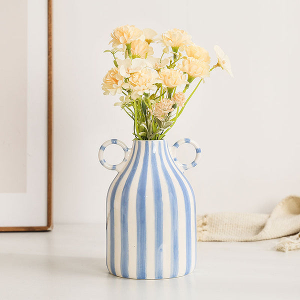 Hand Drawn Striped Ceramic Vase Large Belly Floral Decor