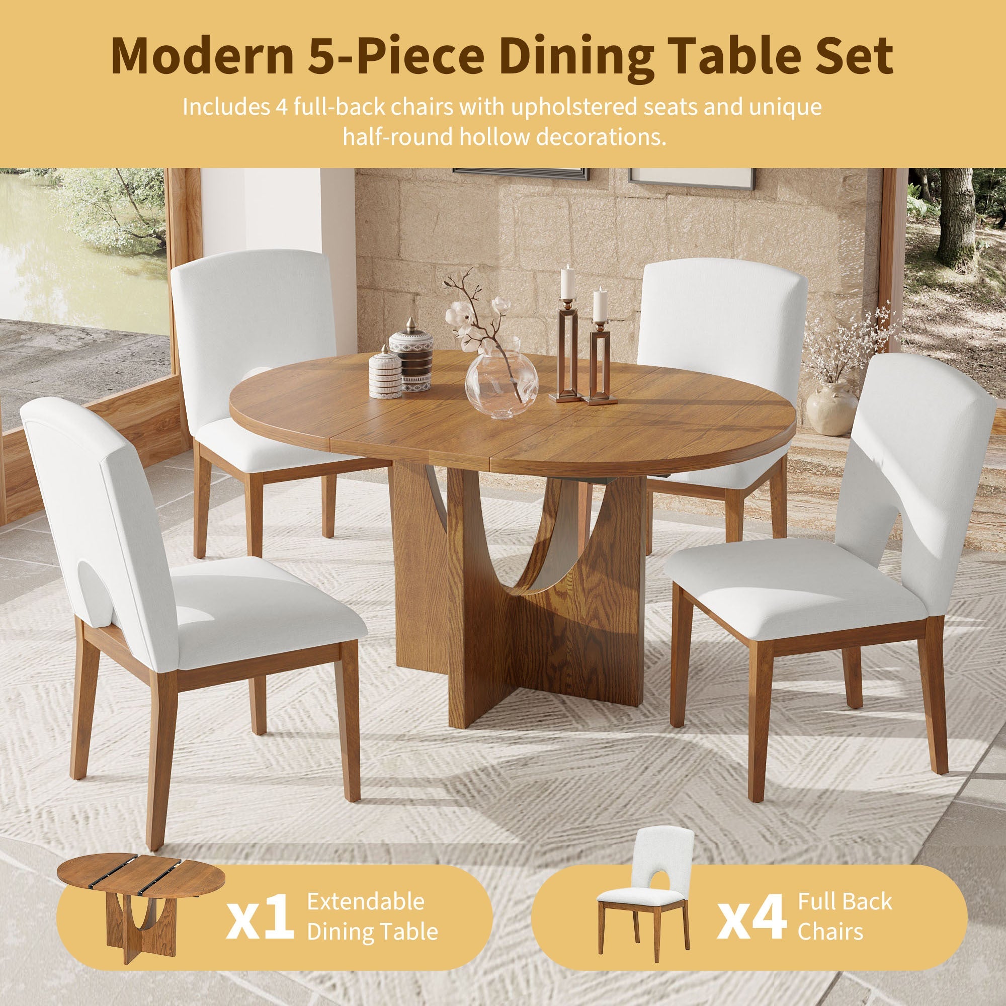 Modern 5-Piece Extendable Round Dining Table Set with 16.2inch Removable Leaf