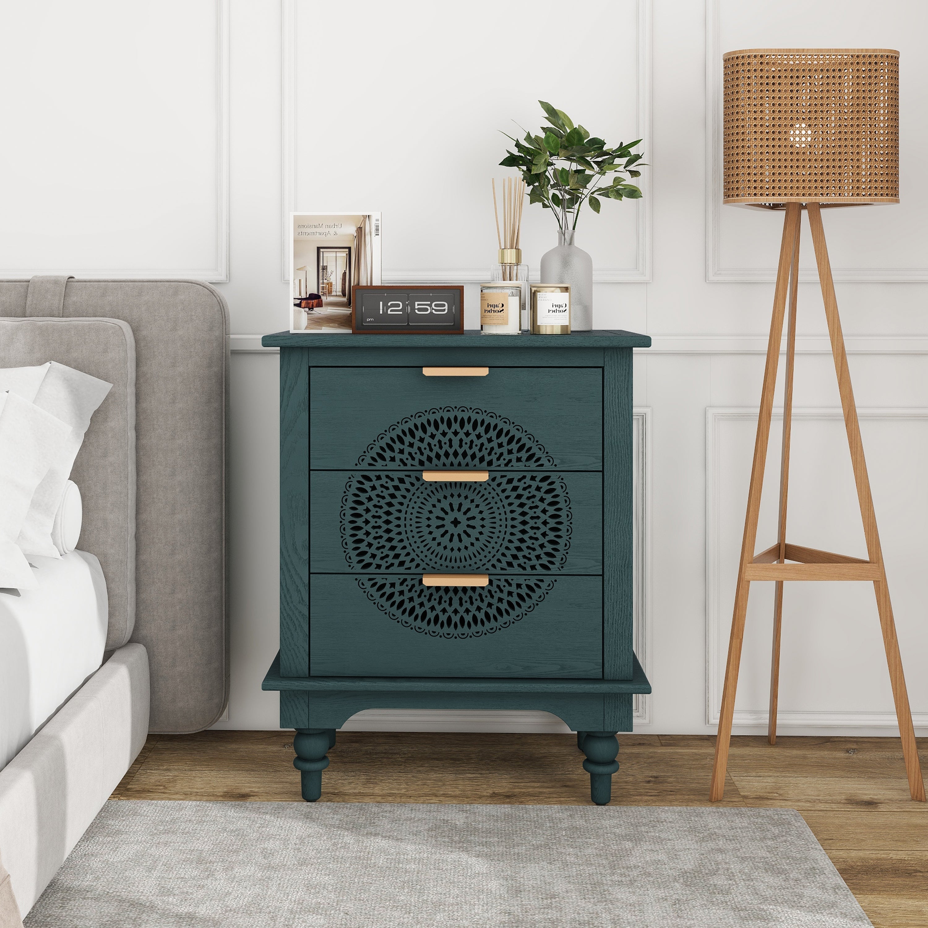Hollow-Carved 3 Drawer Dresser with Metal Handles Storage