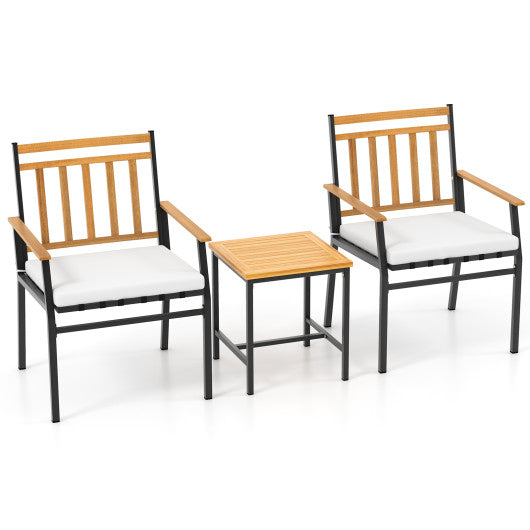 3-Piece Acacia Wood Patio Conversation Set White Cushions