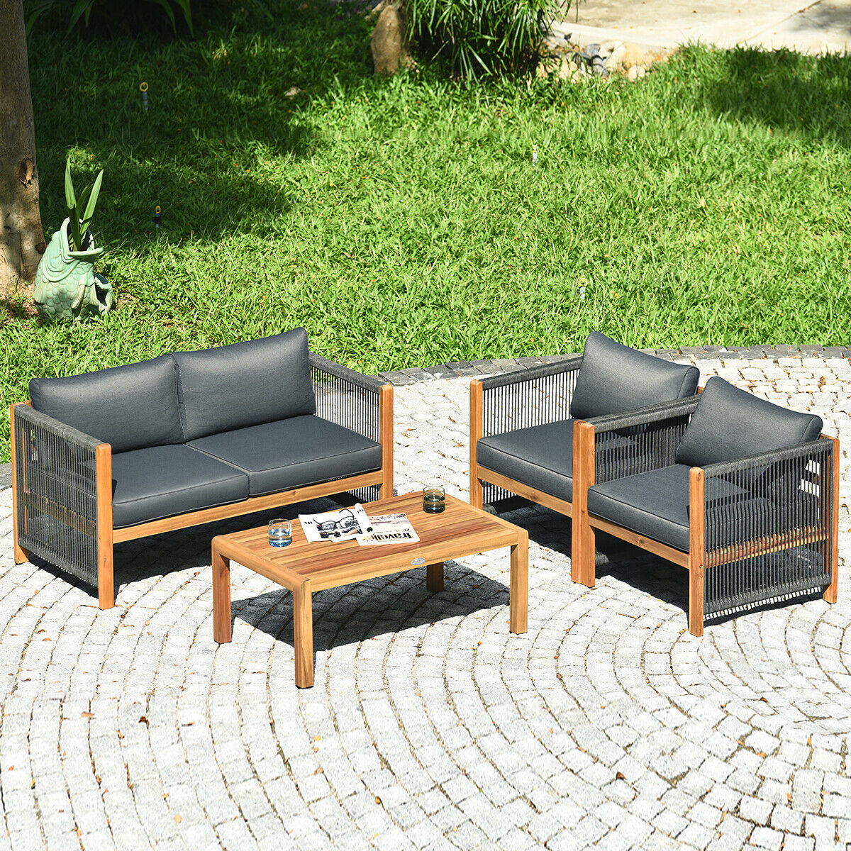 4-Piece Acacia Wood Outdoor Patio Furniture Set Cushions