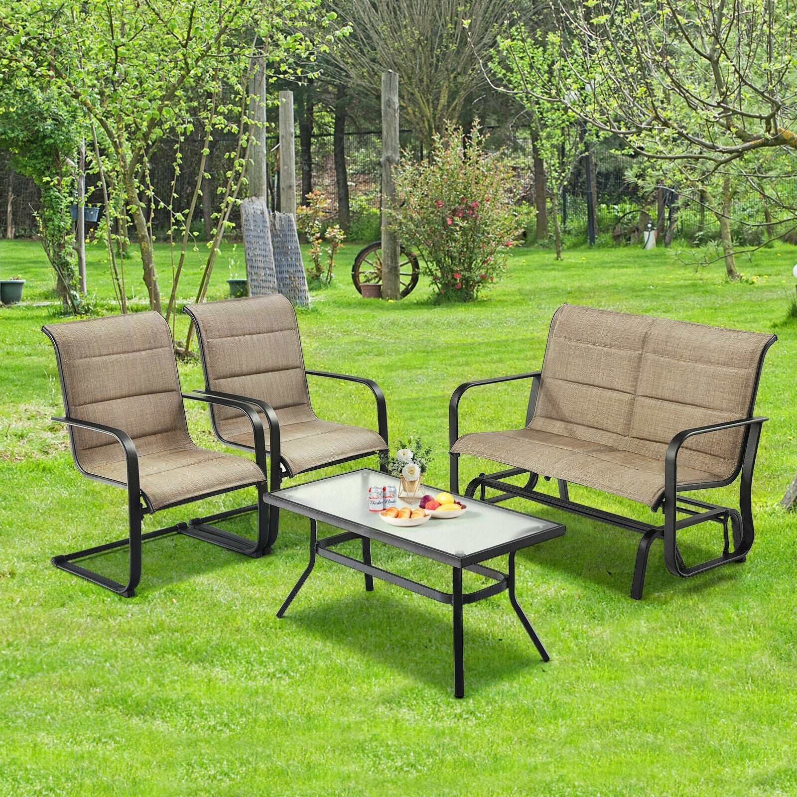 4-Piece Outdoor Patio Furniture Set with Glider Loveseat