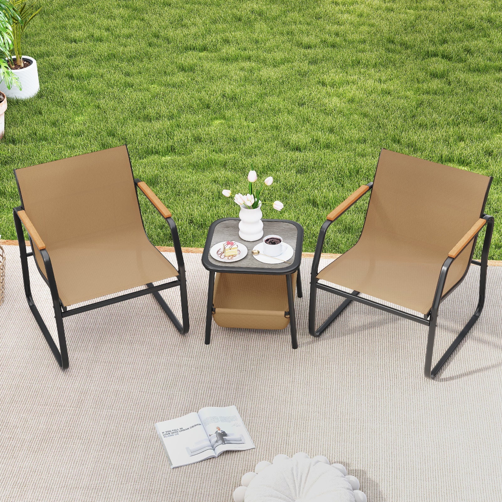 3-Piece Brown Patio Furniture Bistro Conversation Set Outdoor