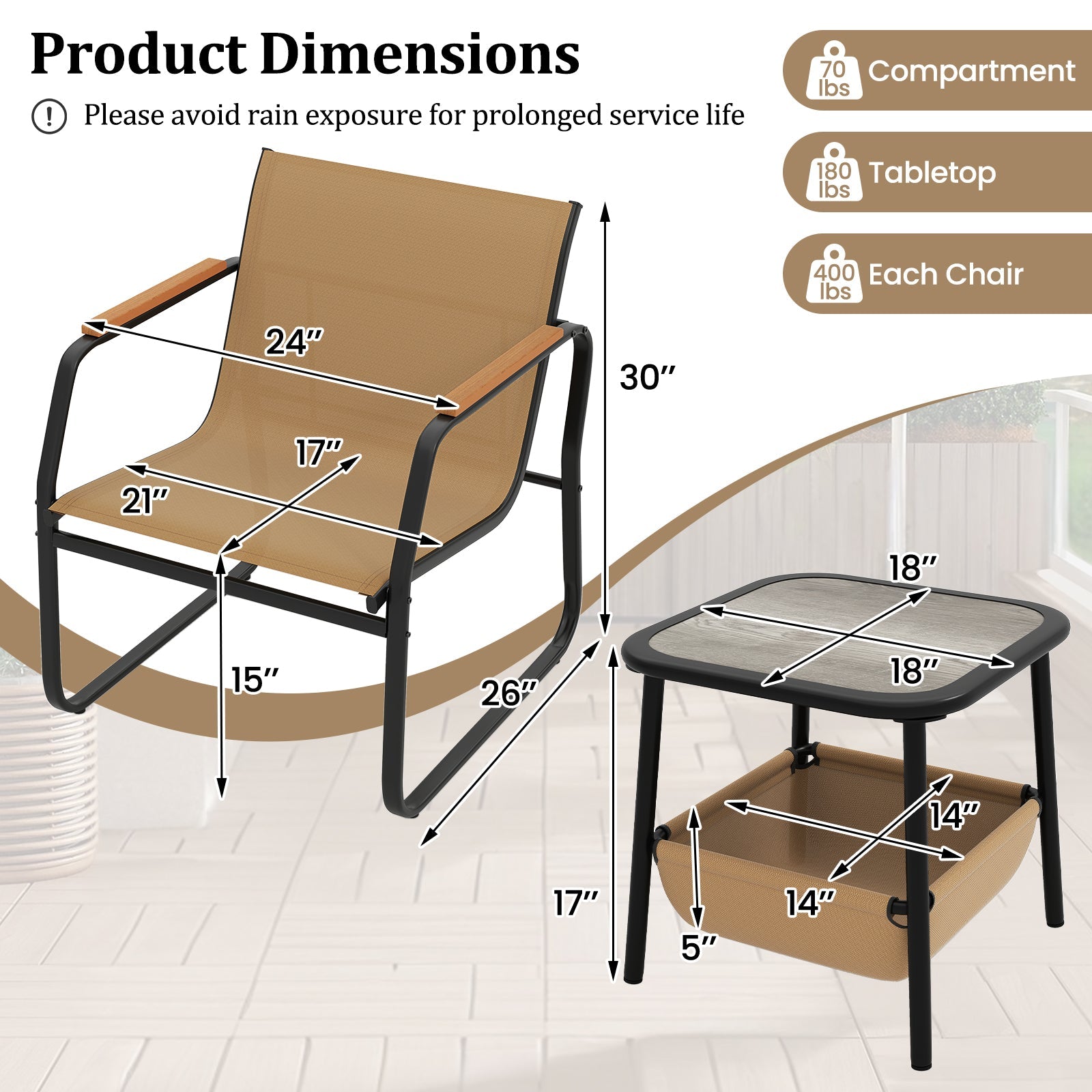 3-Piece Brown Patio Furniture Bistro Conversation Set Outdoor