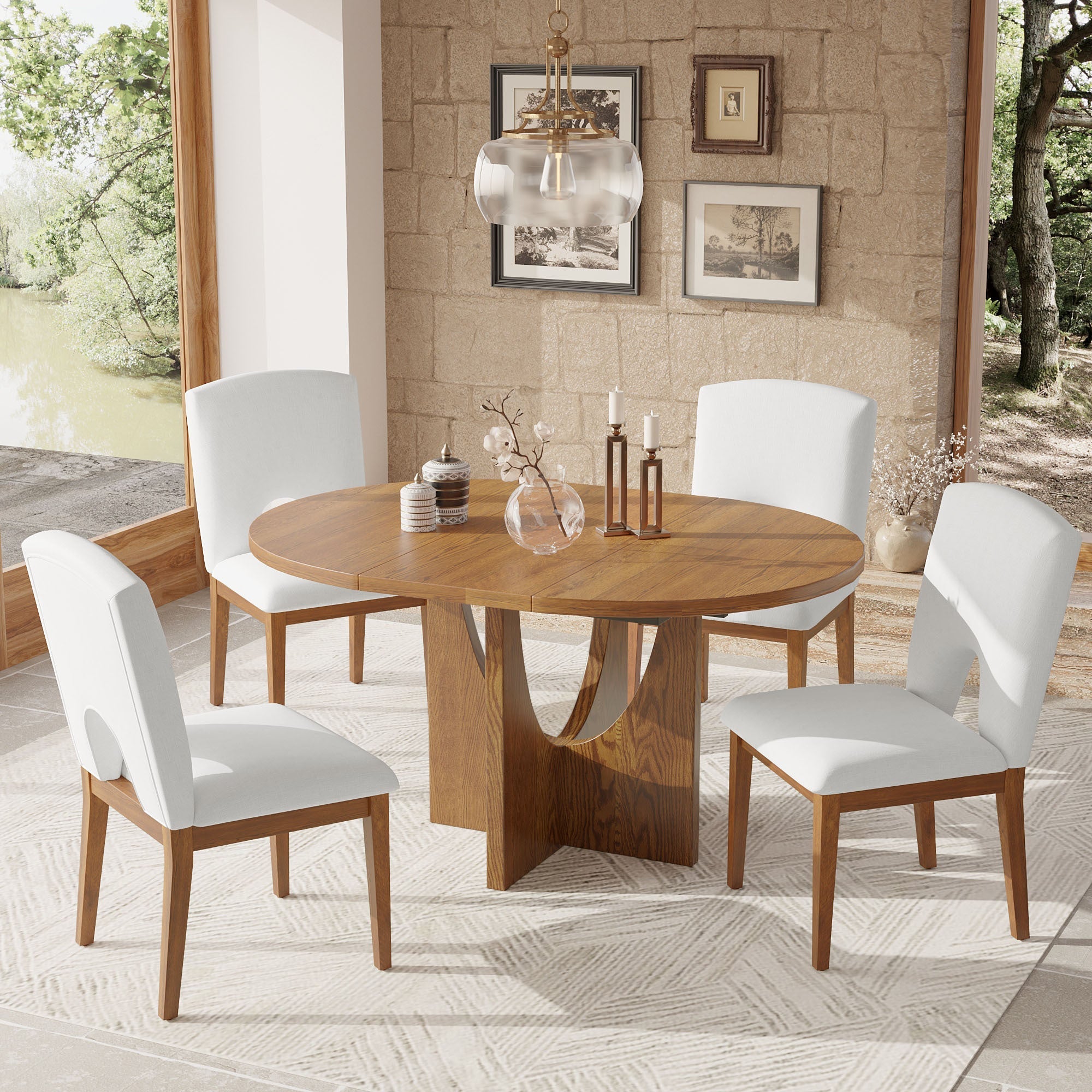 Modern 5-Piece Extendable Round Dining Table Set with 16.2inch Removable Leaf