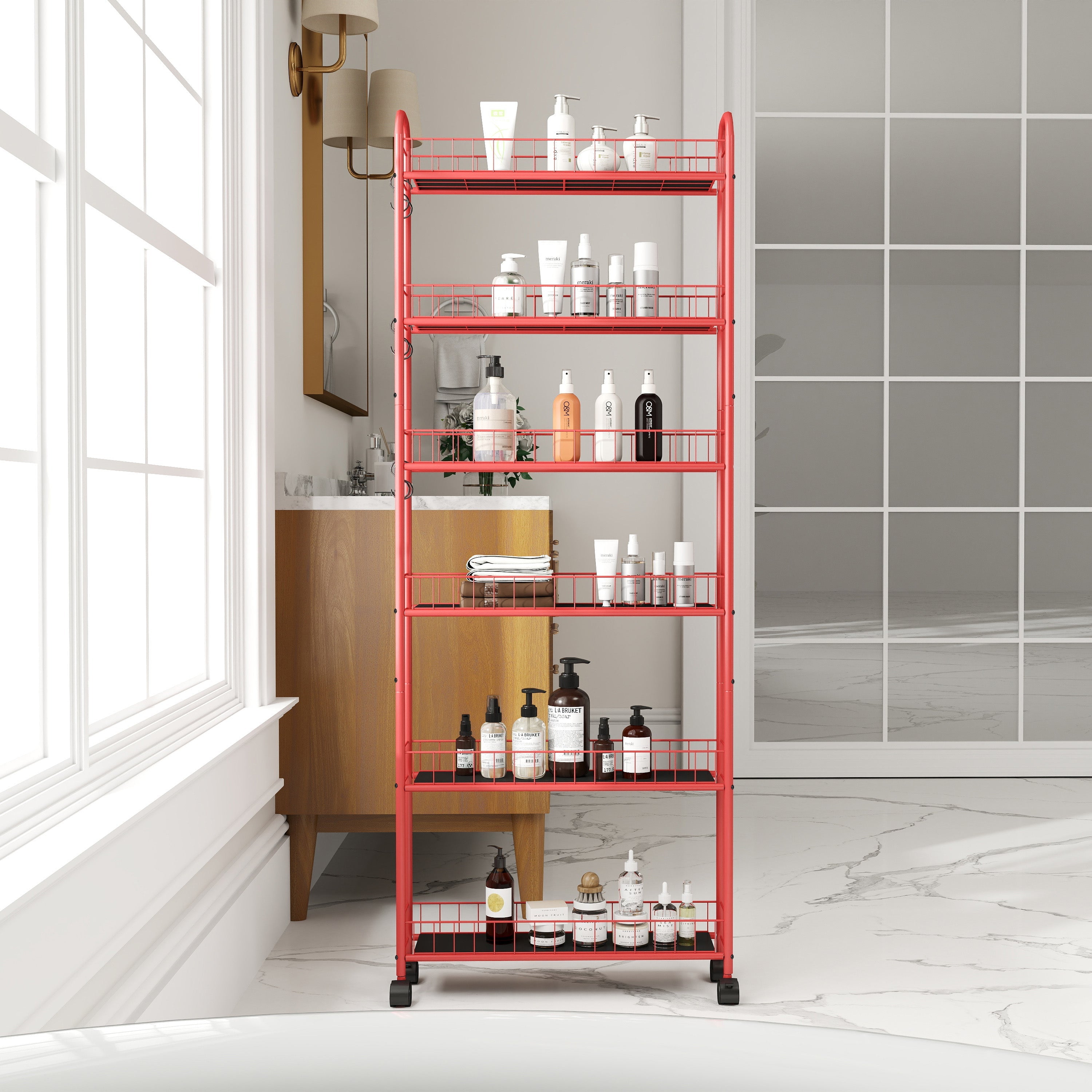 Red 6-Tier Rolling Storage Cart with Slim Design Wheels