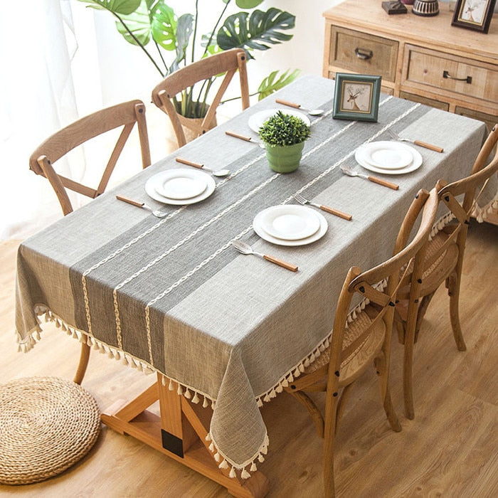 Plaid Linen Tablecloth with Tassels Waterproof Dining Cover