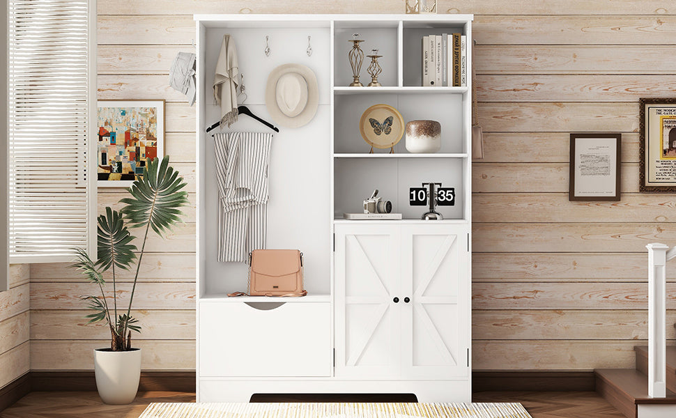 Modern Hall Tree with Storage Bench Shoe Cabinet White