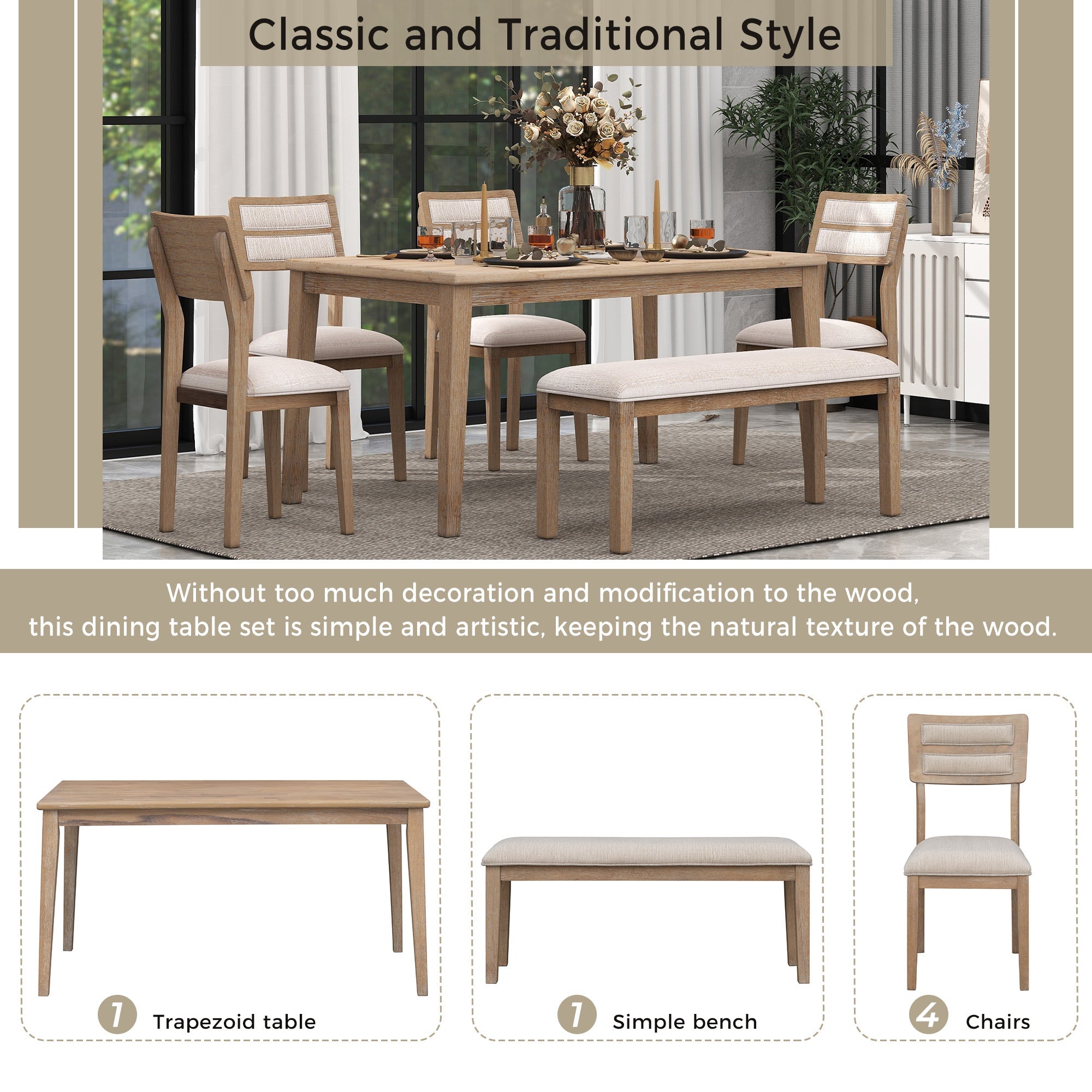 6-Piece Traditional Dining Set Table Chairs Bench