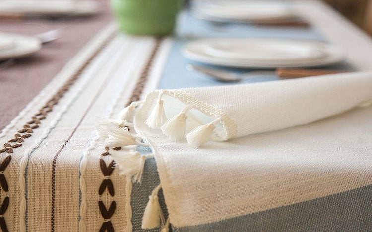 Plaid Linen Tablecloth with Tassels Waterproof Dining Cover