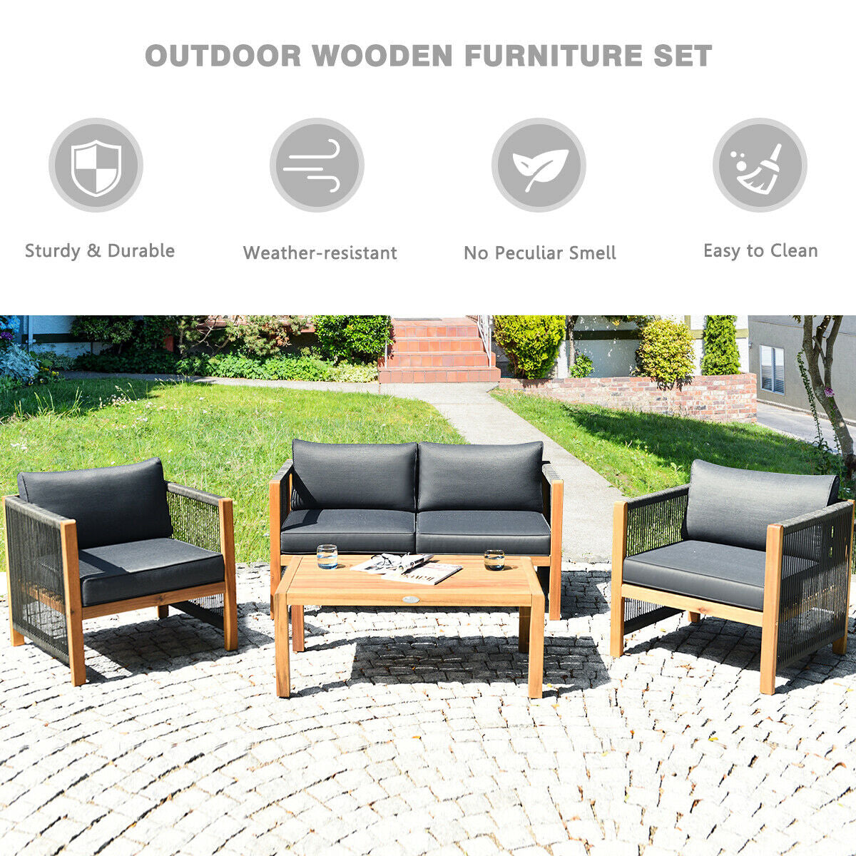 4-Piece Acacia Wood Outdoor Patio Furniture Set Cushions