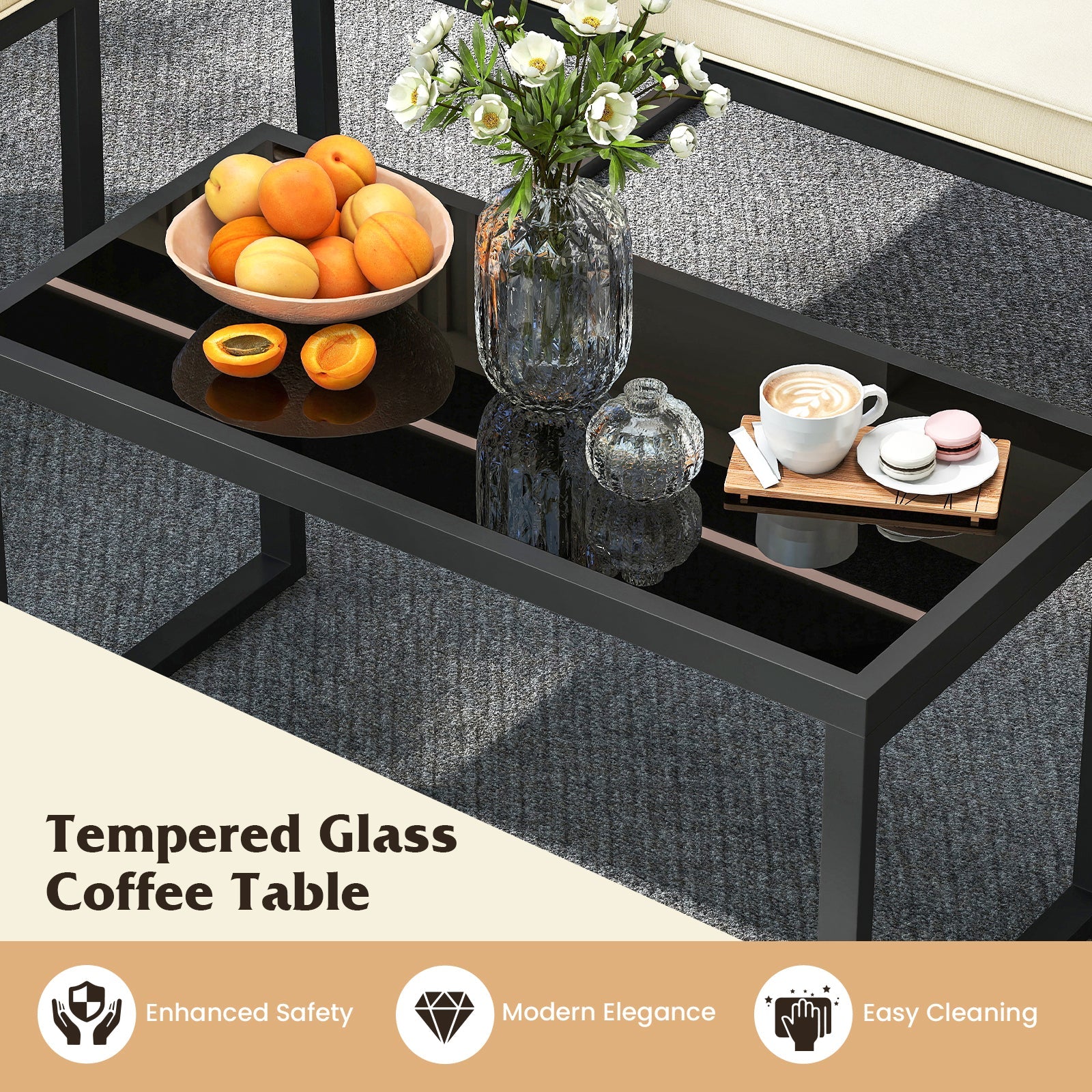 4 Pieces Patio Furniture Set Outdoor Conversation Set with Tempered Glass Coffee Table-Black