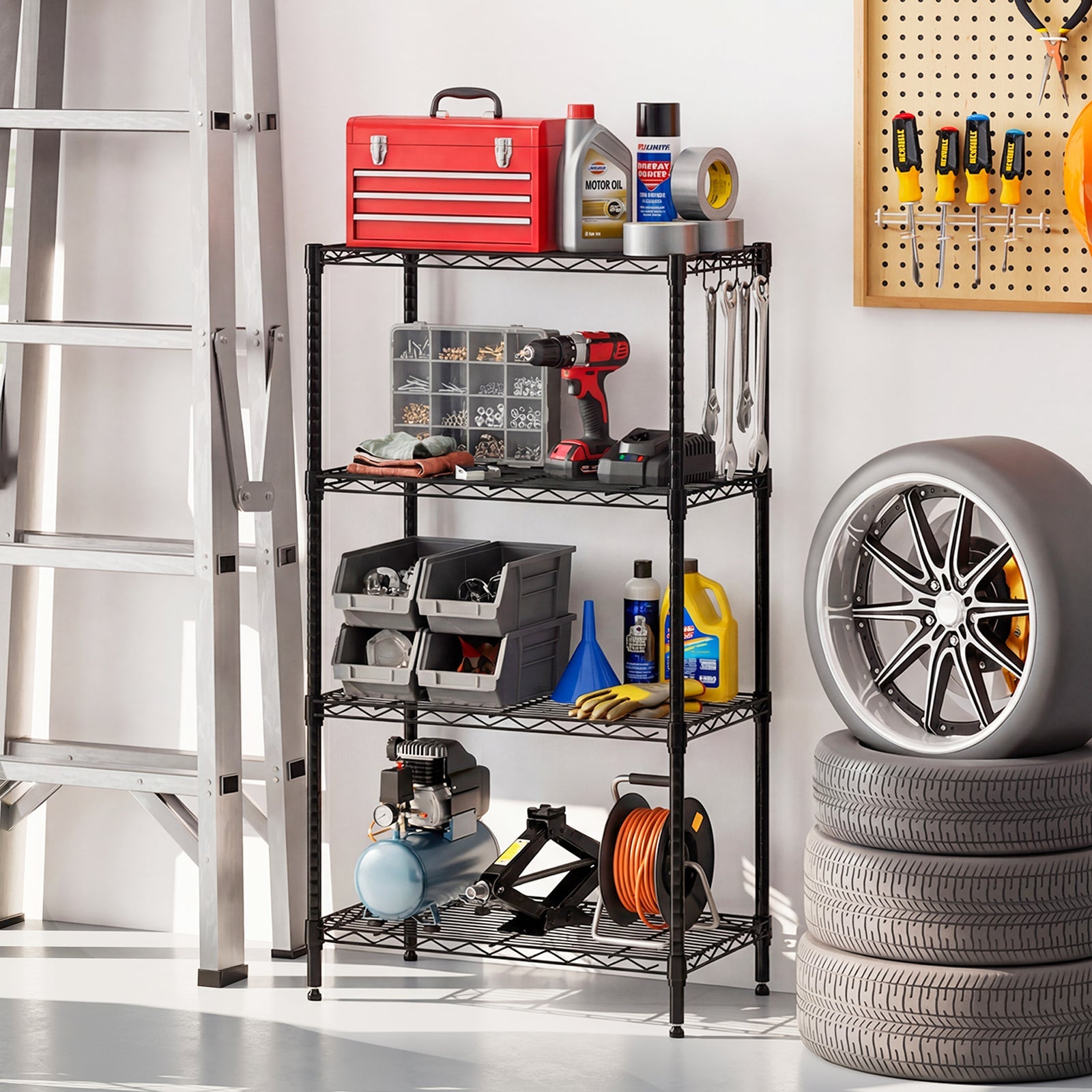 4-Tier Black Metal Storage Shelving Unit Heavy Duty Rack