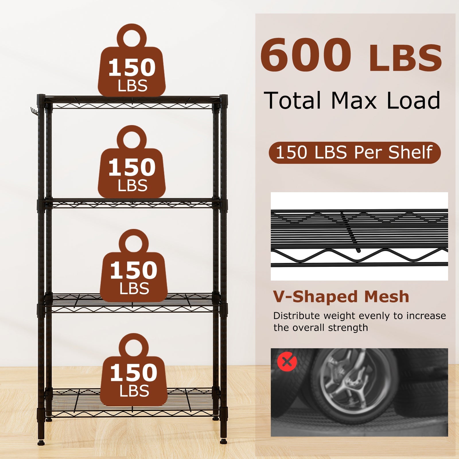 4-Tier Black Metal Storage Shelving Unit Heavy Duty Rack