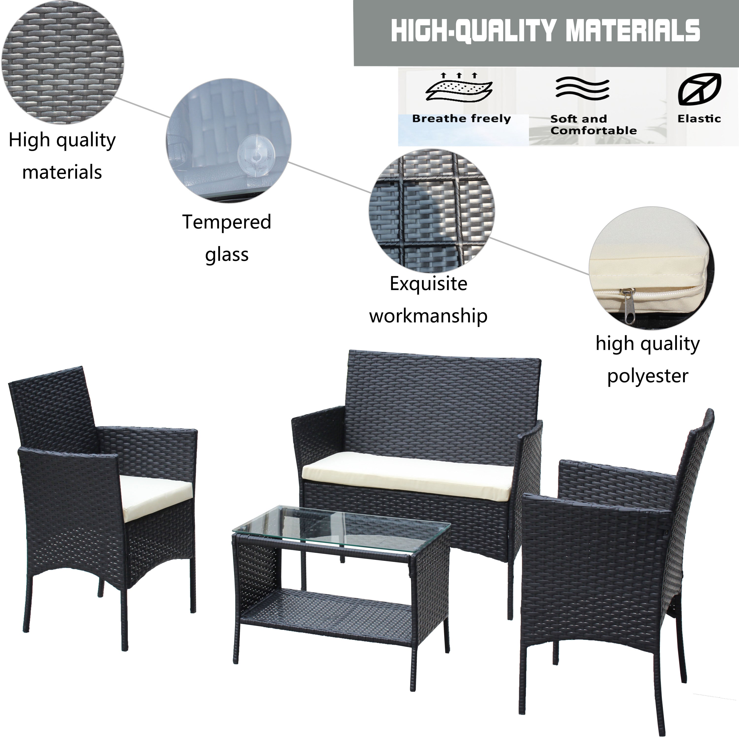 4-Piece Rattan Patio Furniture Set with Cushioned Wicker Sofa