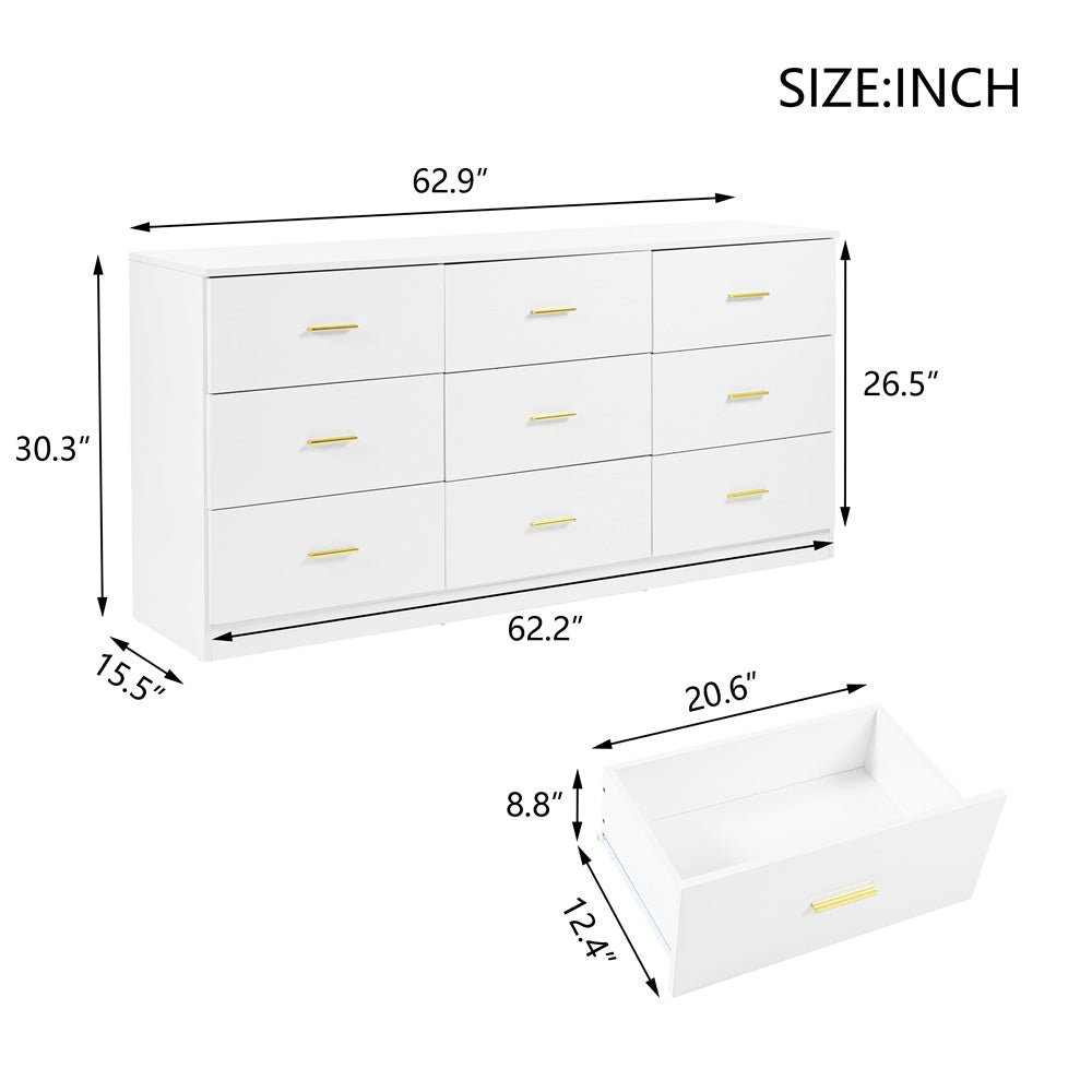 Modern White 9-Drawer Dresser with Spacious Bedroom Storage