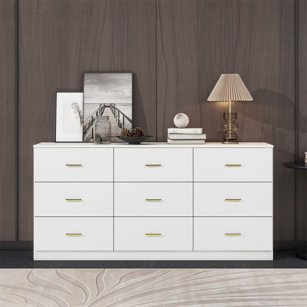 Modern White 9-Drawer Dresser with Spacious Bedroom Storage