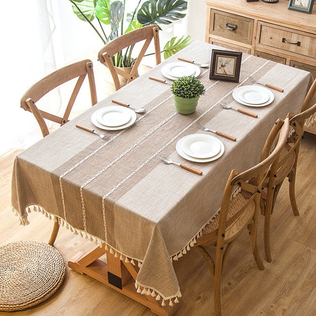 Plaid Linen Tablecloth with Tassels Waterproof Dining Cover