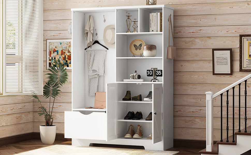Modern Hall Tree with Storage Bench Shoe Cabinet White