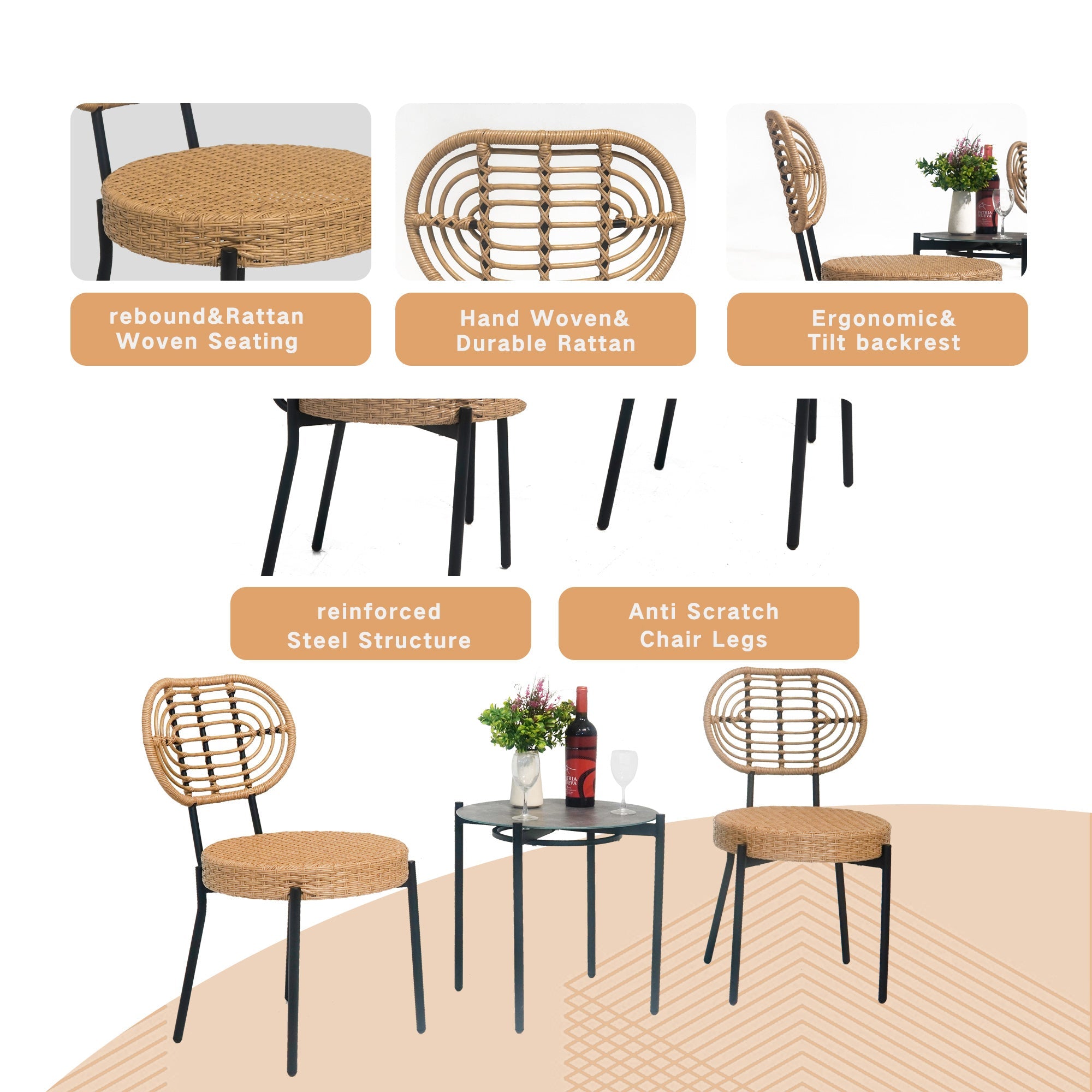 3-Piece Luxury Outdoor Wicker Patio Bistro Furniture Set