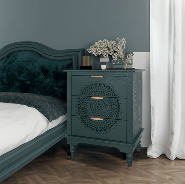 Hollow-Carved 3 Drawer Dresser with Metal Handles Storage