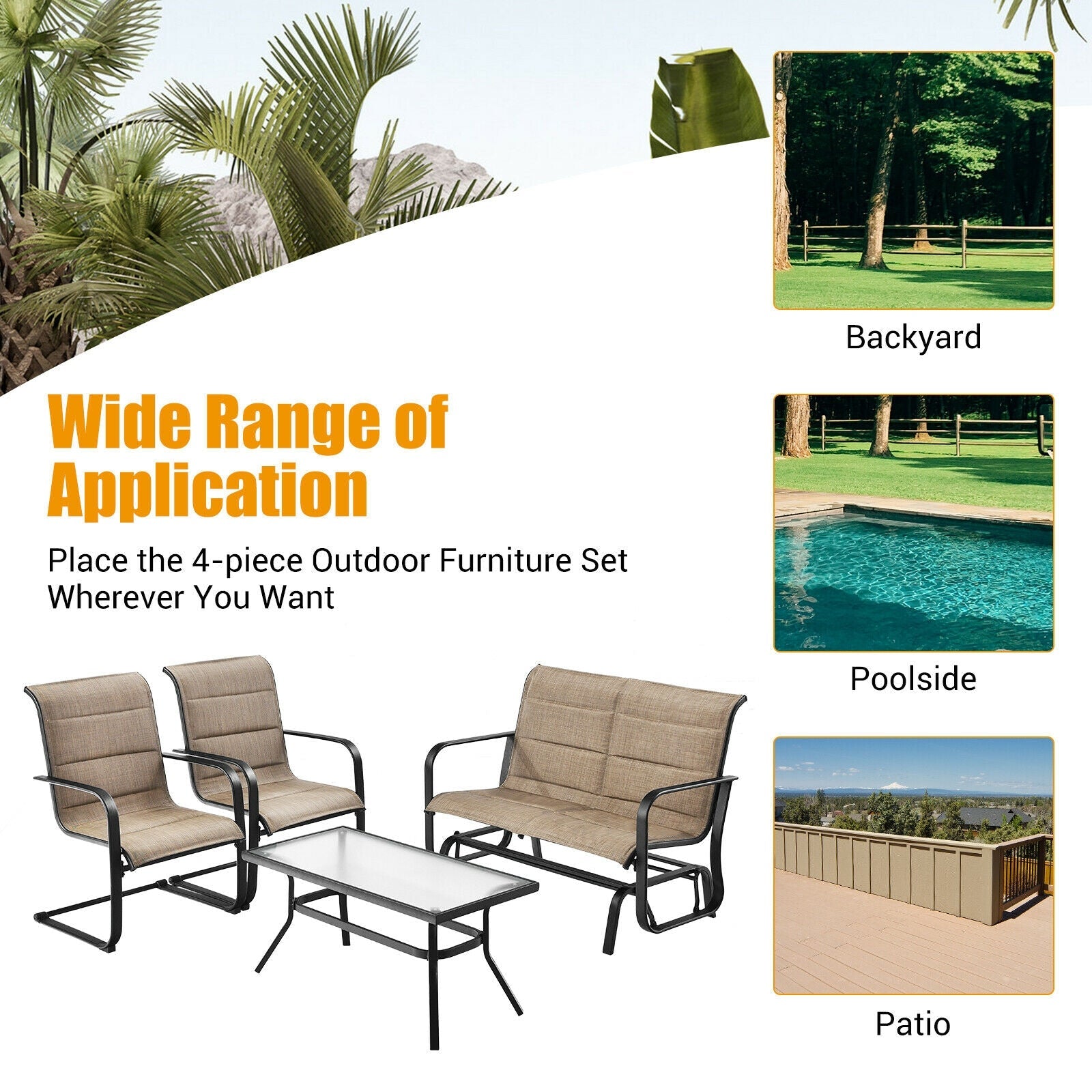 4-Piece Outdoor Patio Furniture Set with Glider Loveseat