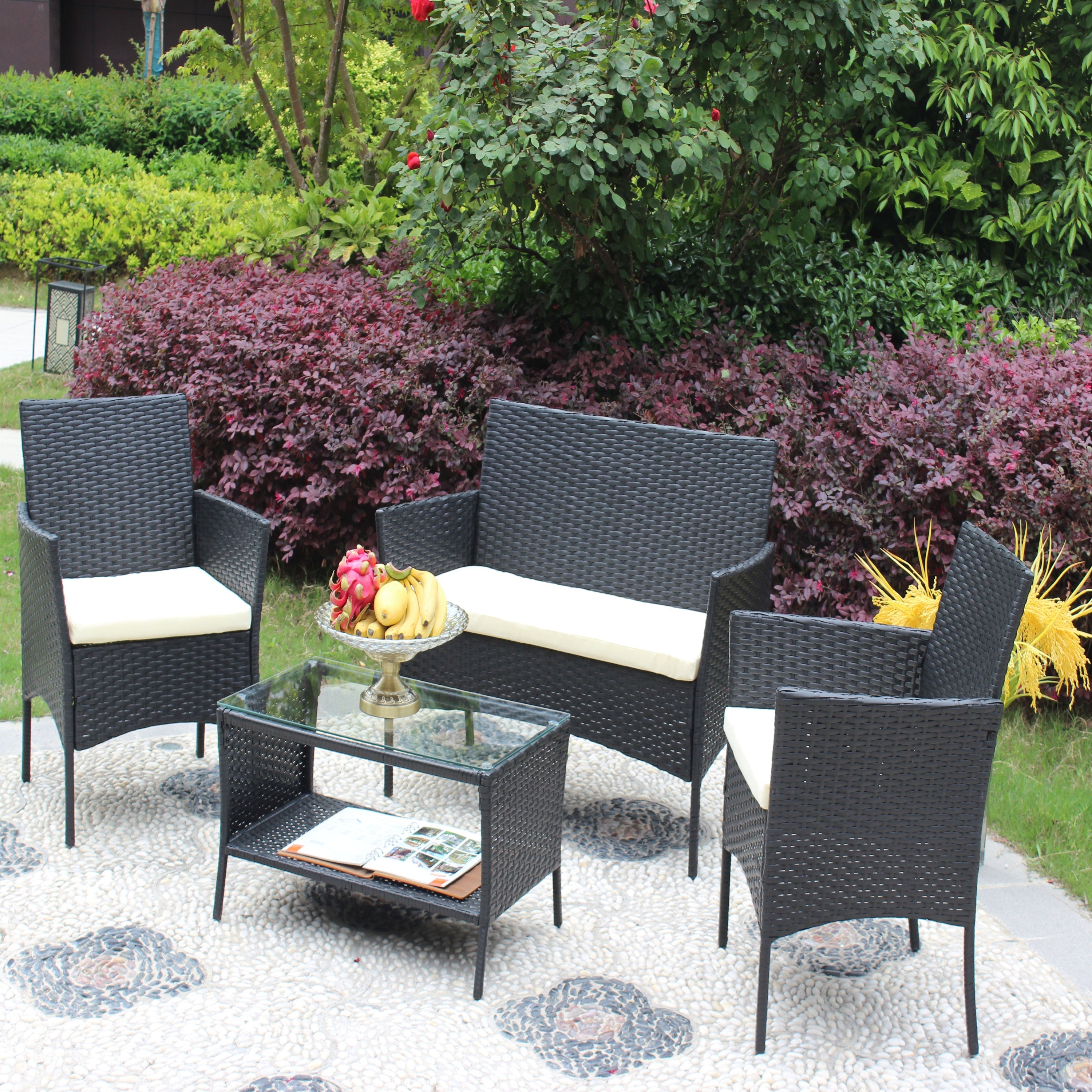 4-Piece Rattan Patio Furniture Set with Cushioned Wicker Sofa
