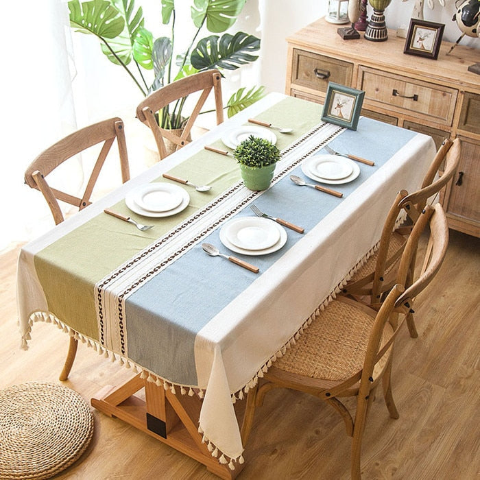 Plaid Linen Tablecloth with Tassels Waterproof Dining Cover