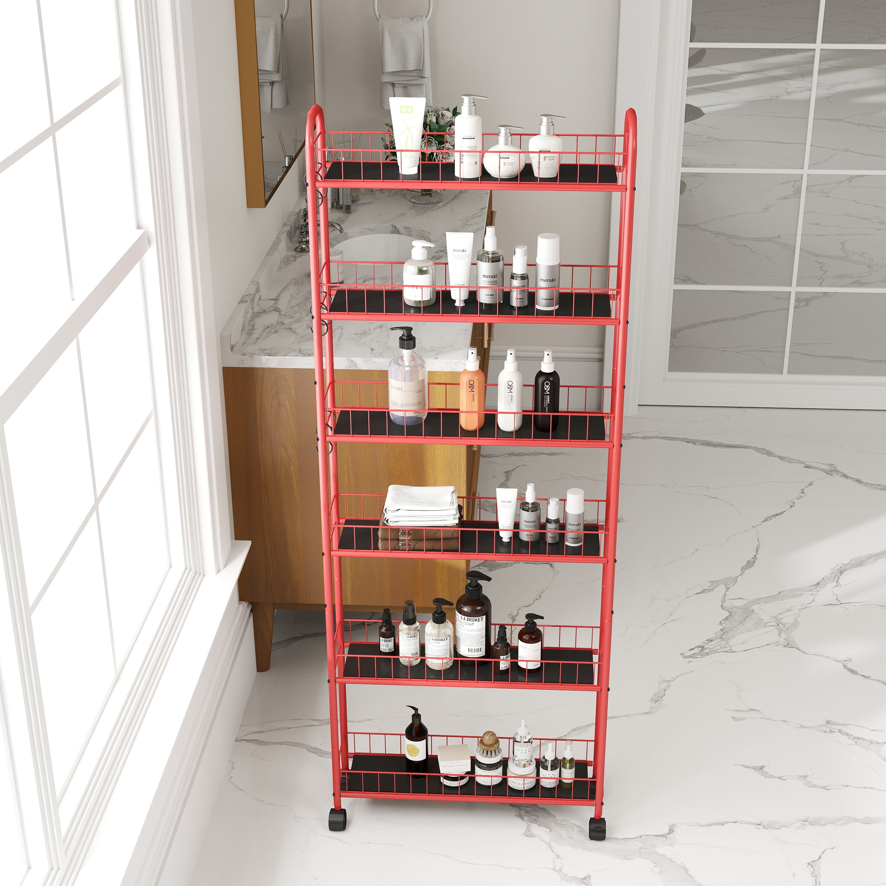 Red 6-Tier Rolling Storage Cart with Slim Design Wheels