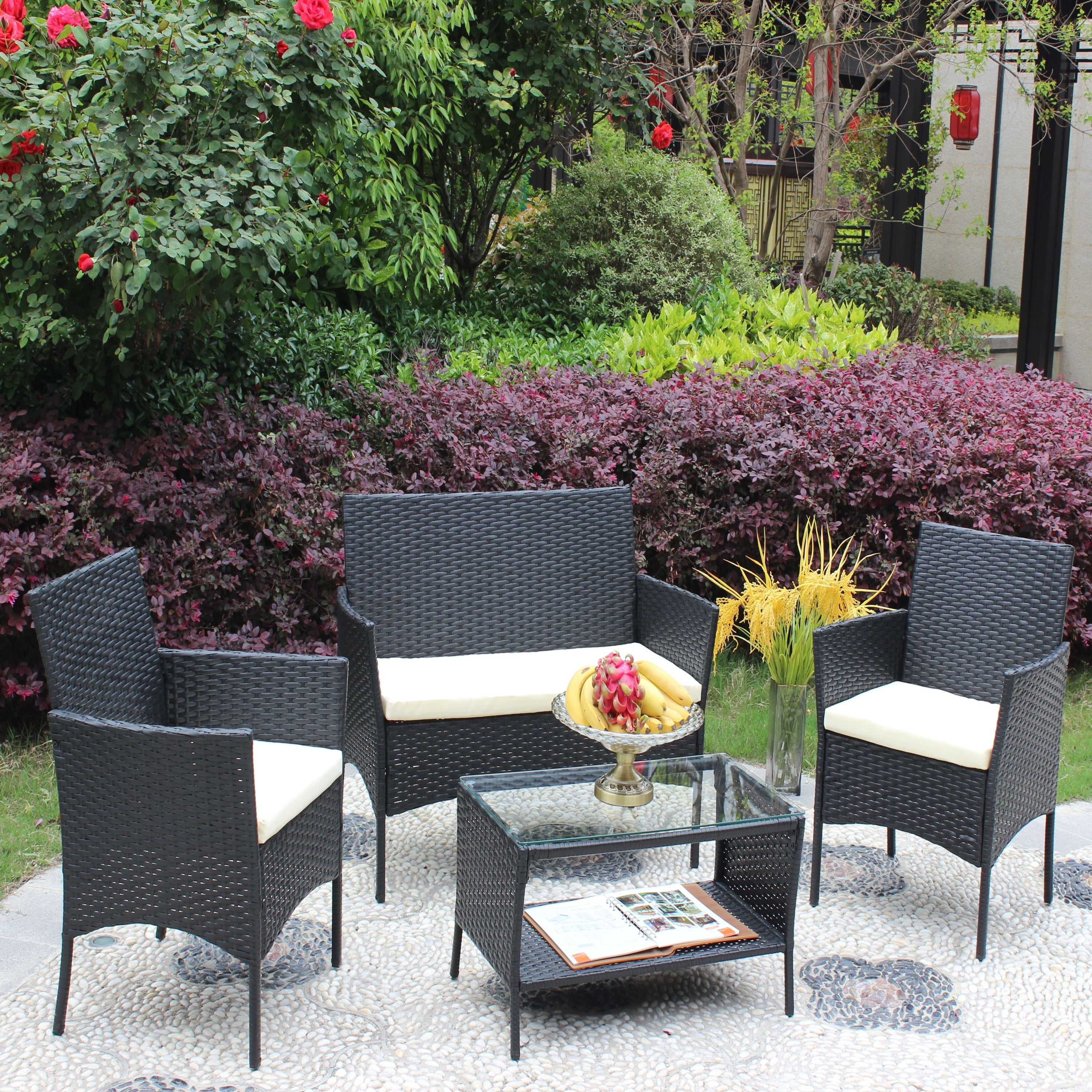 4-Piece Rattan Patio Furniture Set with Cushioned Wicker Sofa