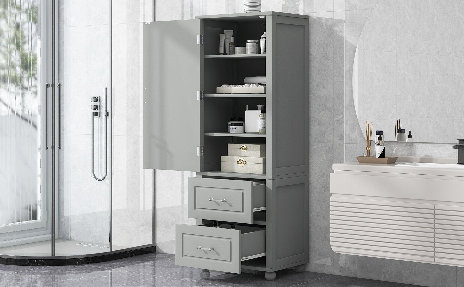 Tall Grey Bathroom Storage Cabinet with Adjustable Shelves Drawers